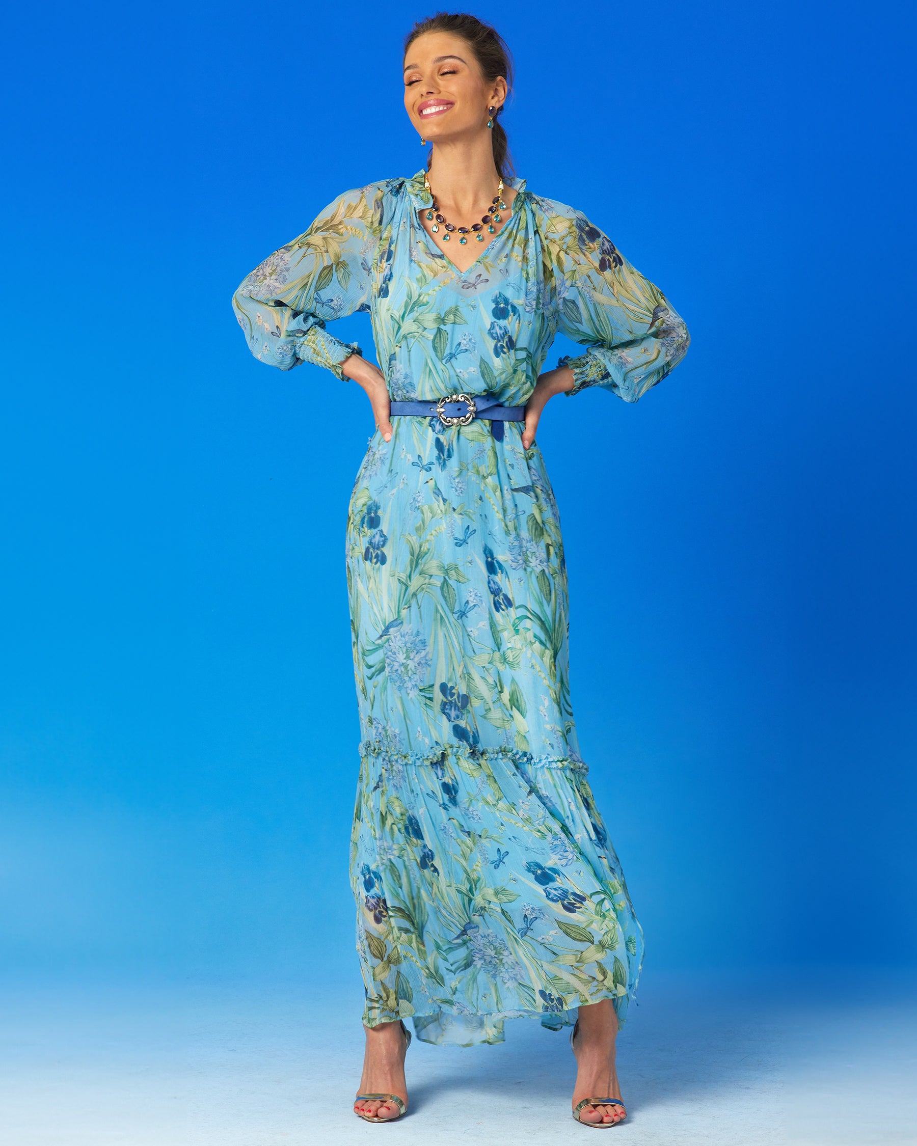 Celine Maxi Crinkle Chiffon Dress in Magical Garden-full length view with hands on hips