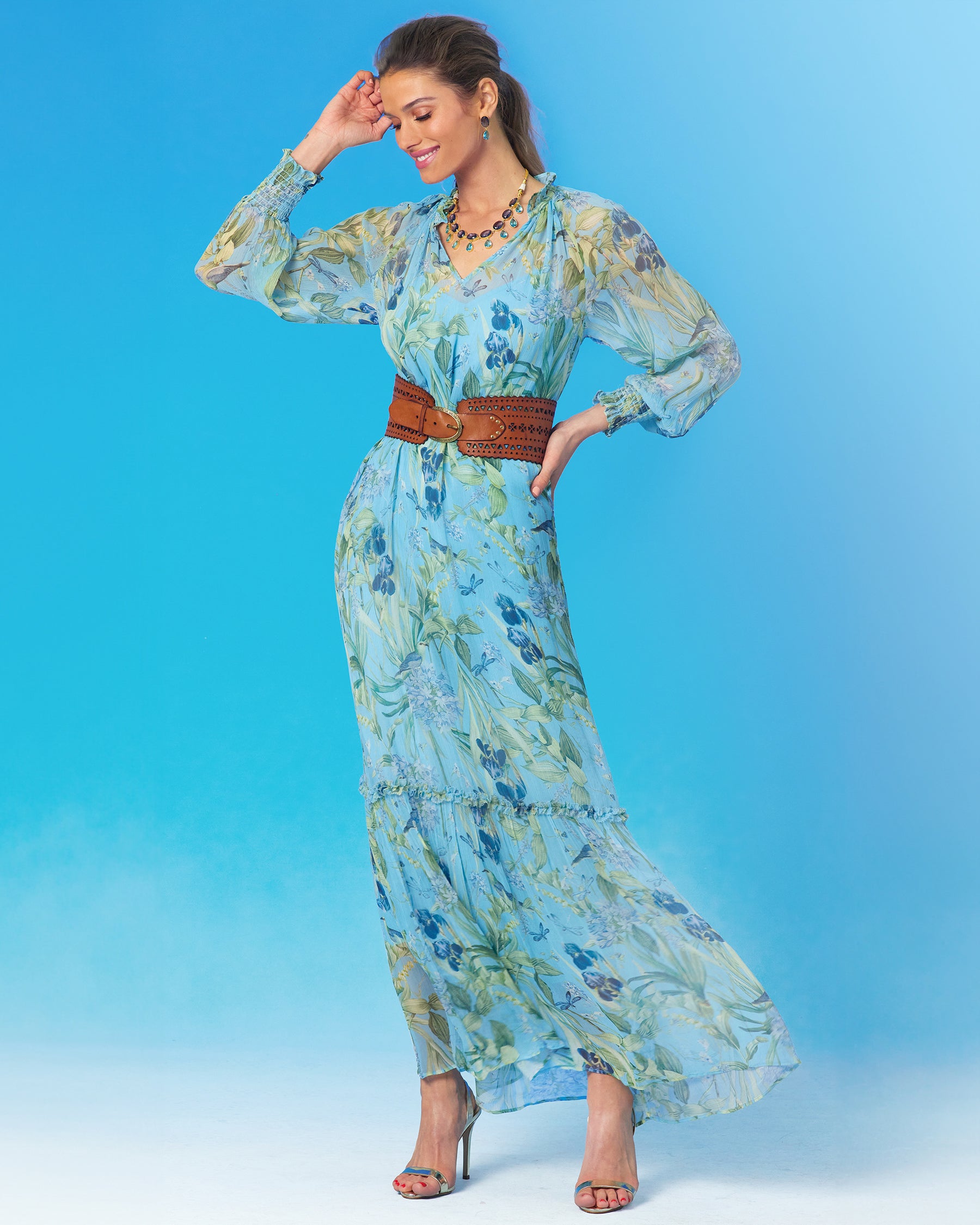 Celine Maxi Crinkle Chiffon Dress in Magical Garden-Full length view with the Campomaggi Corset Belt