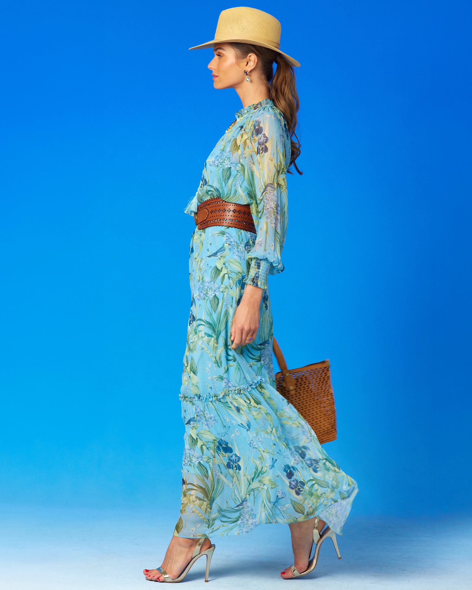 Celine Maxi Crinkle Chiffon Dress in Magical Garden-Side view walking