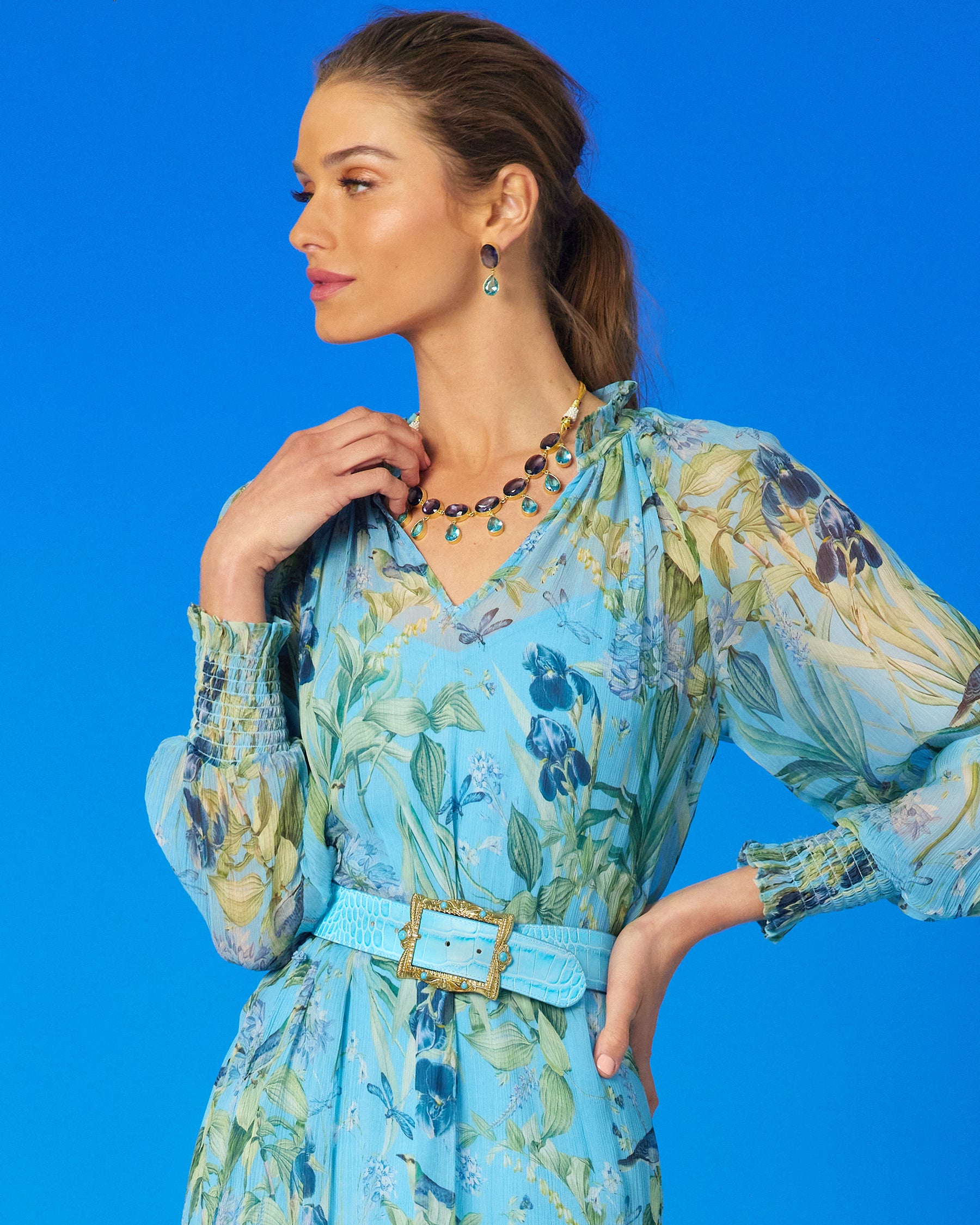 Chiara Dewdrop Necklace in Amethyst Purple and Crystal Blue worn with the Celine Maxi Crinkle Chiffon Dress in Magical Garden