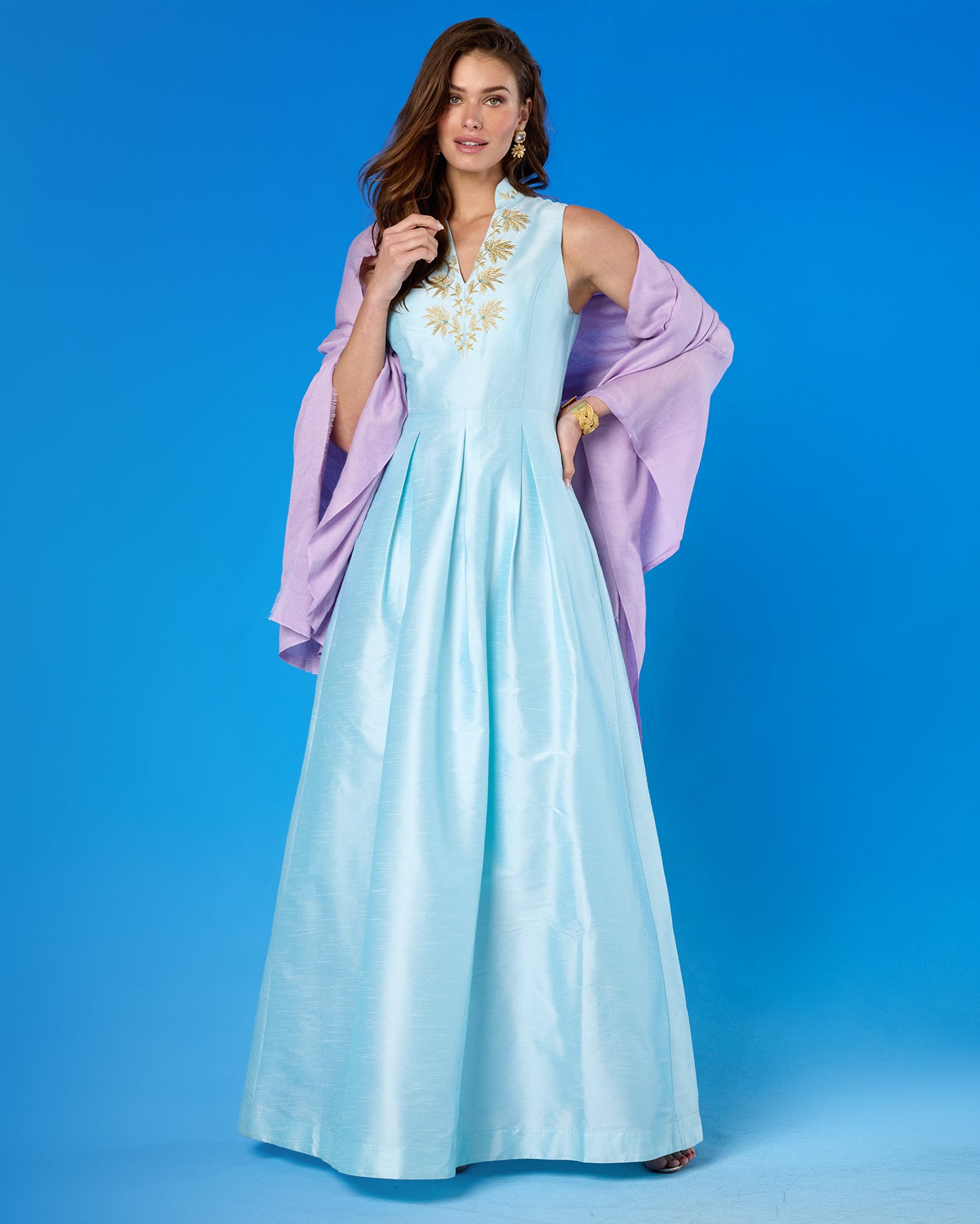 The Josephine Pashmina Shawl in Lilac worn with the Celestine Gown in Pastel Blue and Gold Palm Embroidery