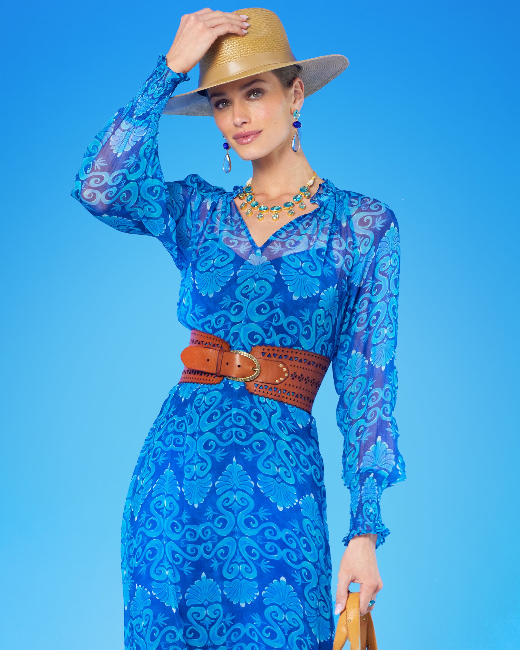 Celine Maxi Crinkle Chiffon Dress in Blue Mediterranean Swirl-Portrait