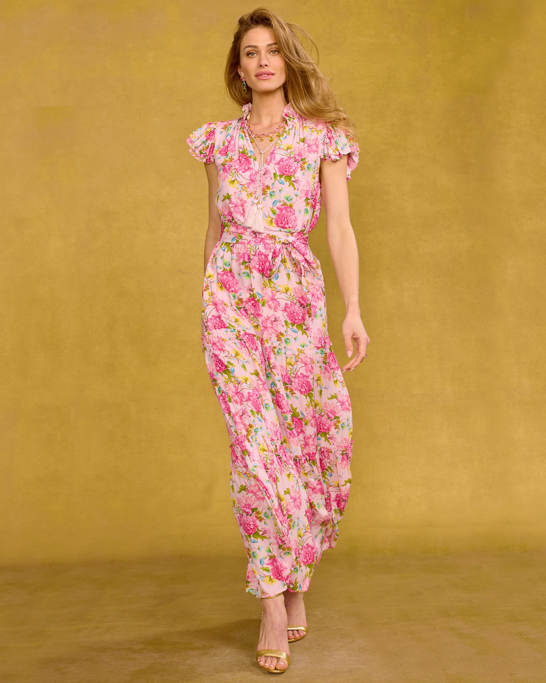 Charlotte Flutter Sleeve Maxi Dress in English Roses walking front view