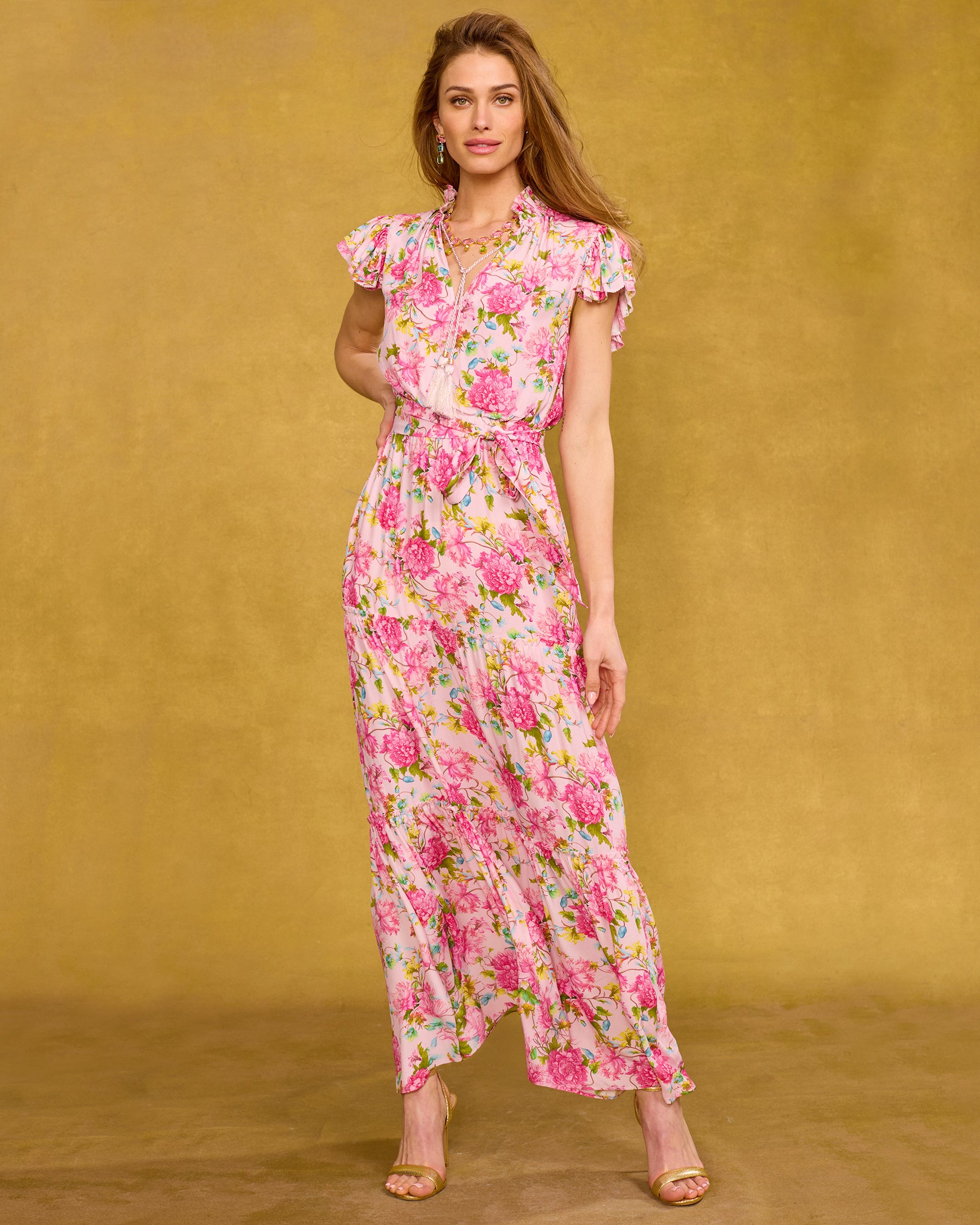 Charlotte Flutter Sleeve Maxi Dress in English Roses front view
