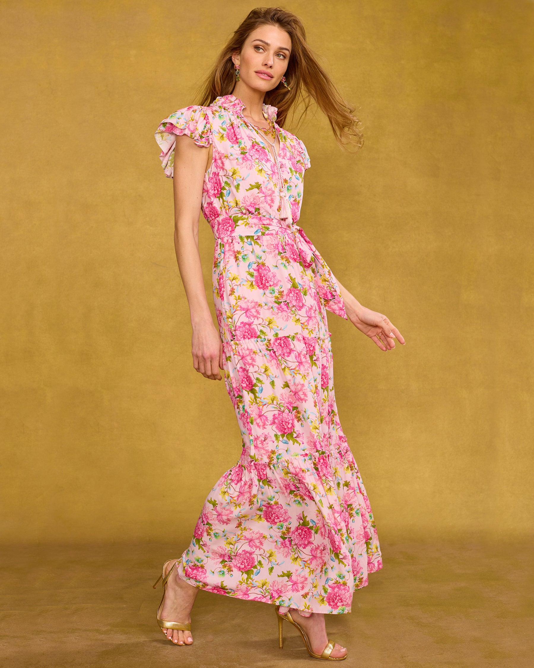 Charlotte Flutter Sleeve Maxi Dress in English Roses side view