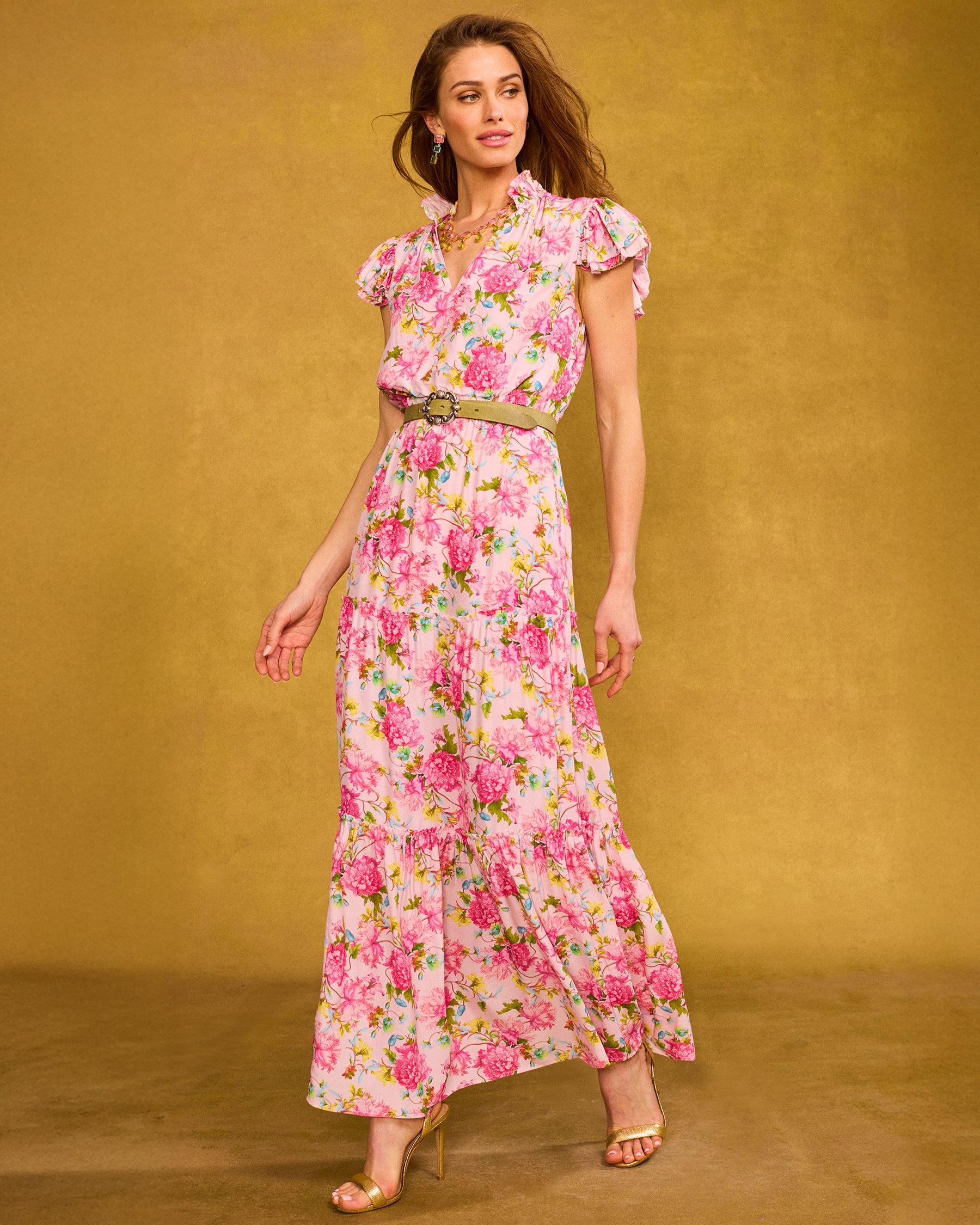 Harper Leather Belt in Sage worn with the Charlotte Flutter Sleeve Maxi Dress in English Roses