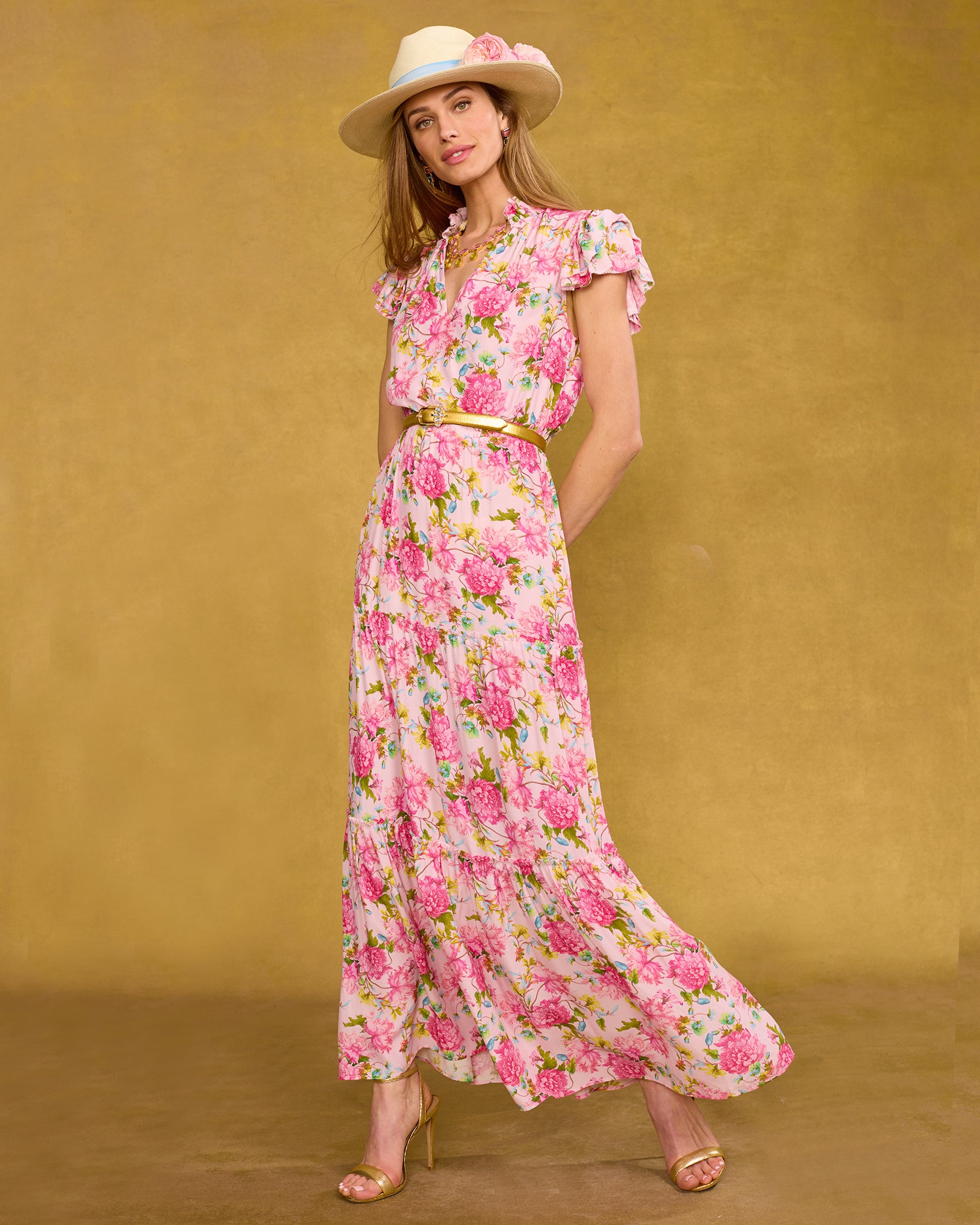 Charlotte Flutter Sleeve Maxi Dress in English Roses side view