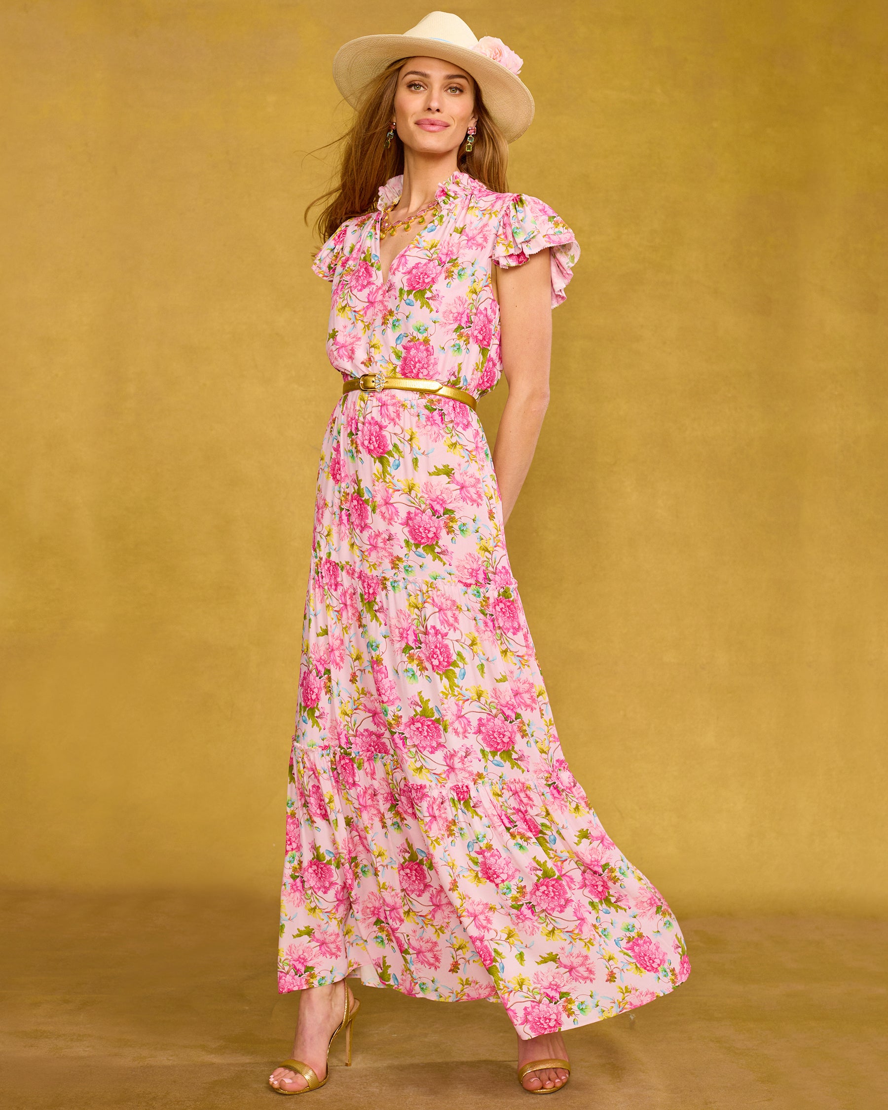Charlotte Flutter Sleeve Maxi Dress in English Roses walking side view