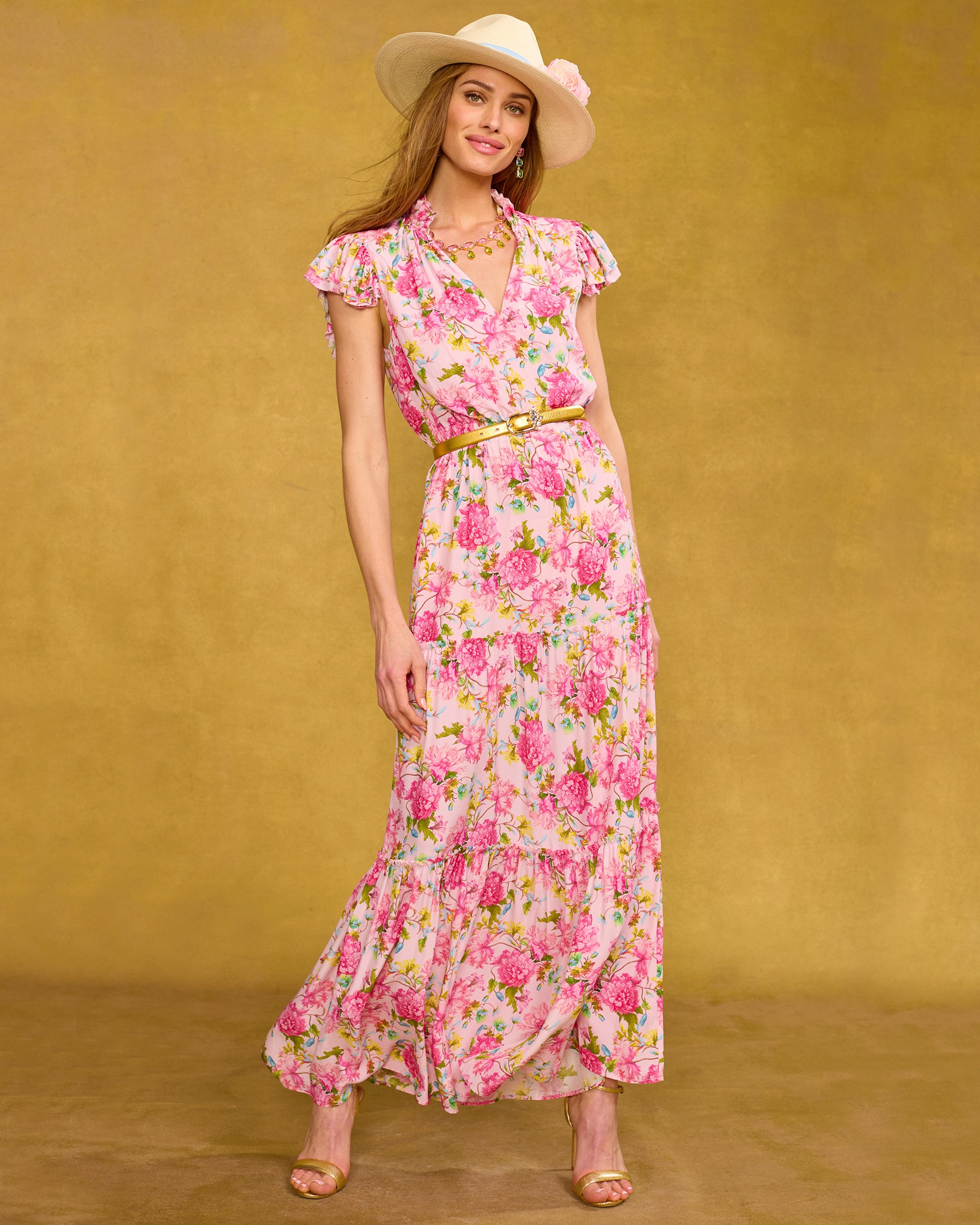 Charlotte Flutter Sleeve Maxi Dress in English Roses front view with the Pippa Panama Straw Hat