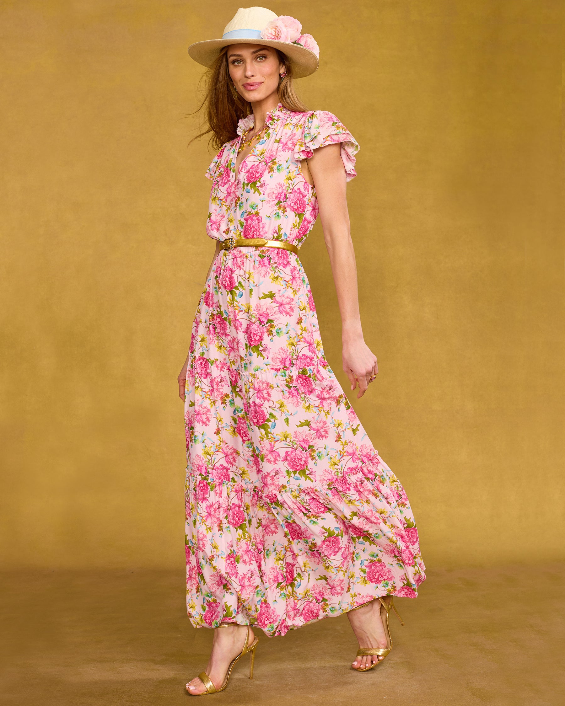 Charlotte Flutter Sleeve Maxi Dress in English Roses side view