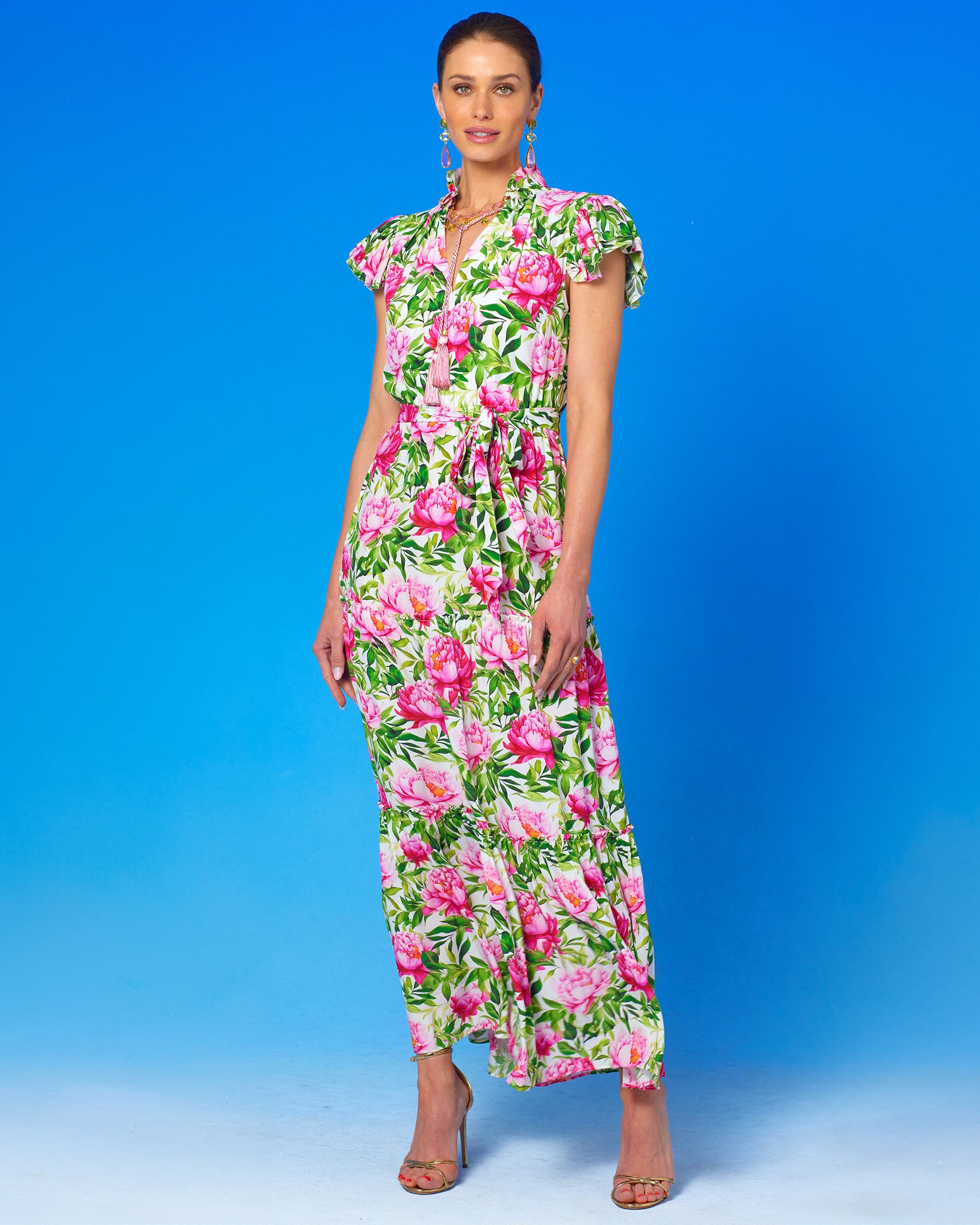 Charlotte Flutter Sleeve Maxi Dress in Peony Garden