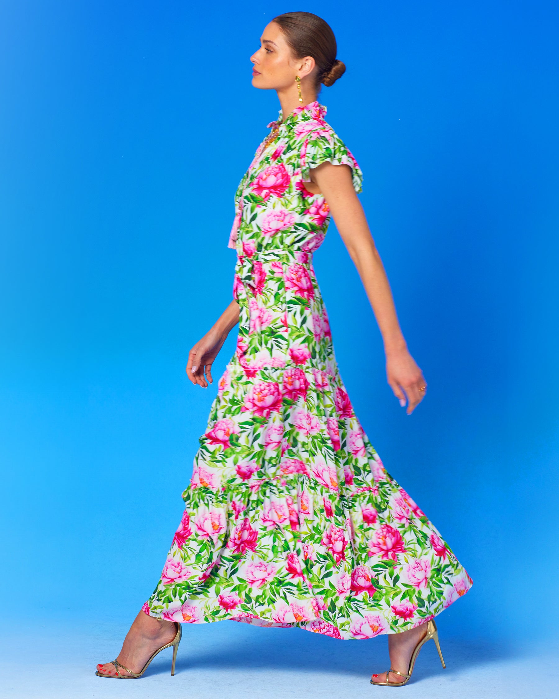 Charlotte Flutter Sleeve Maxi Dress in Peony Garden-Walking side view