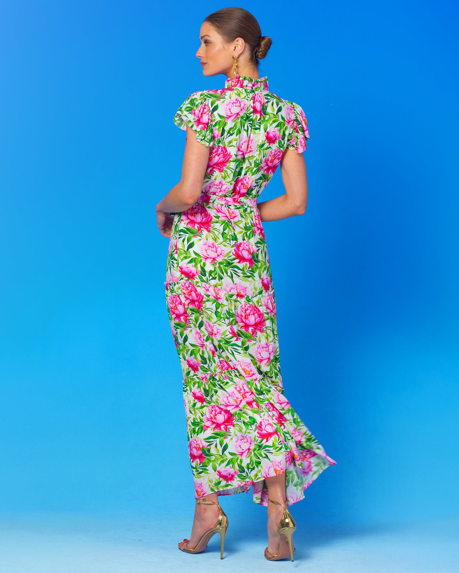 Charlotte Flutter Sleeve Maxi Dress in Peony Garden-Back View