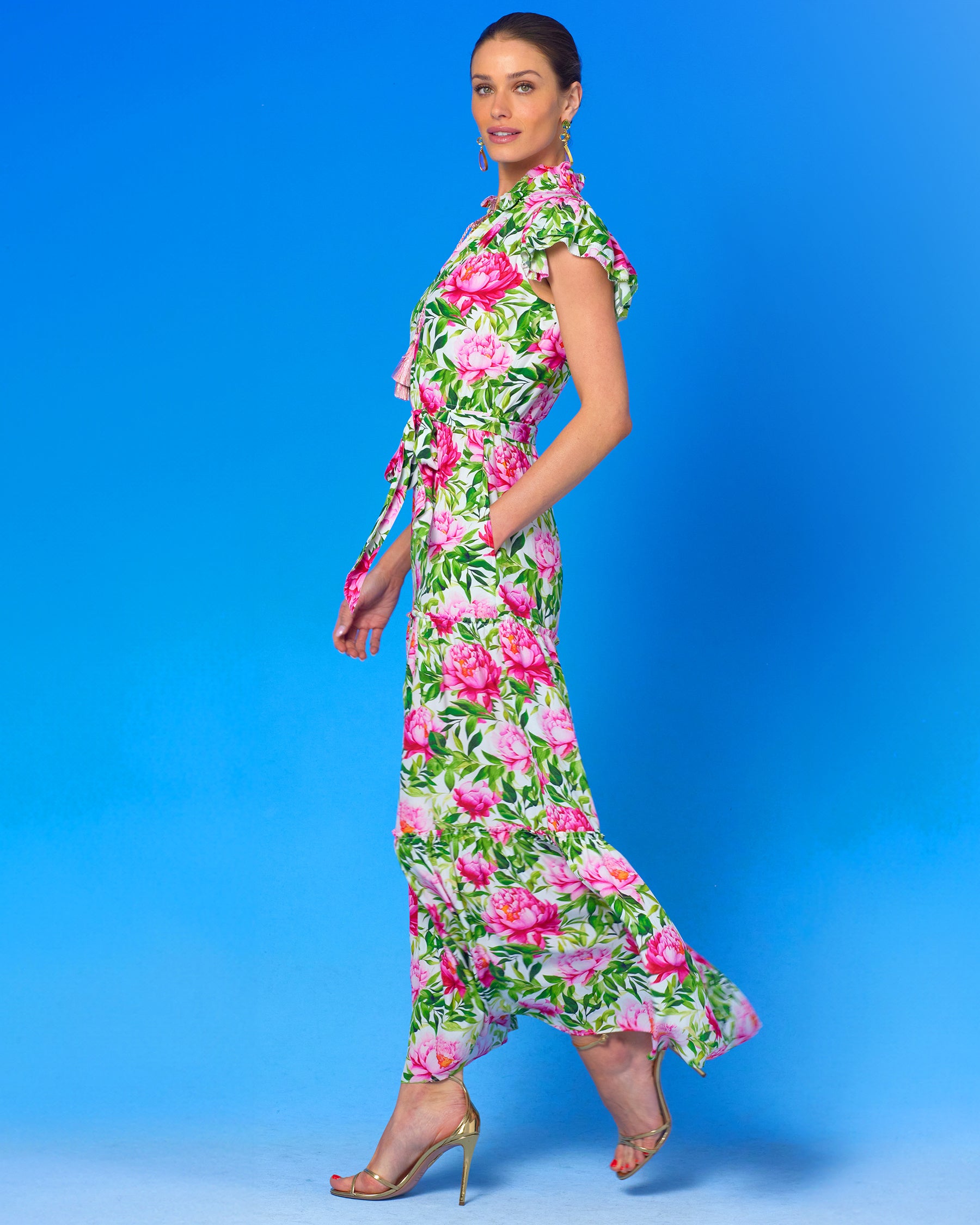 Charlotte Flutter Sleeve Maxi Dress in Peony Garden-Side View