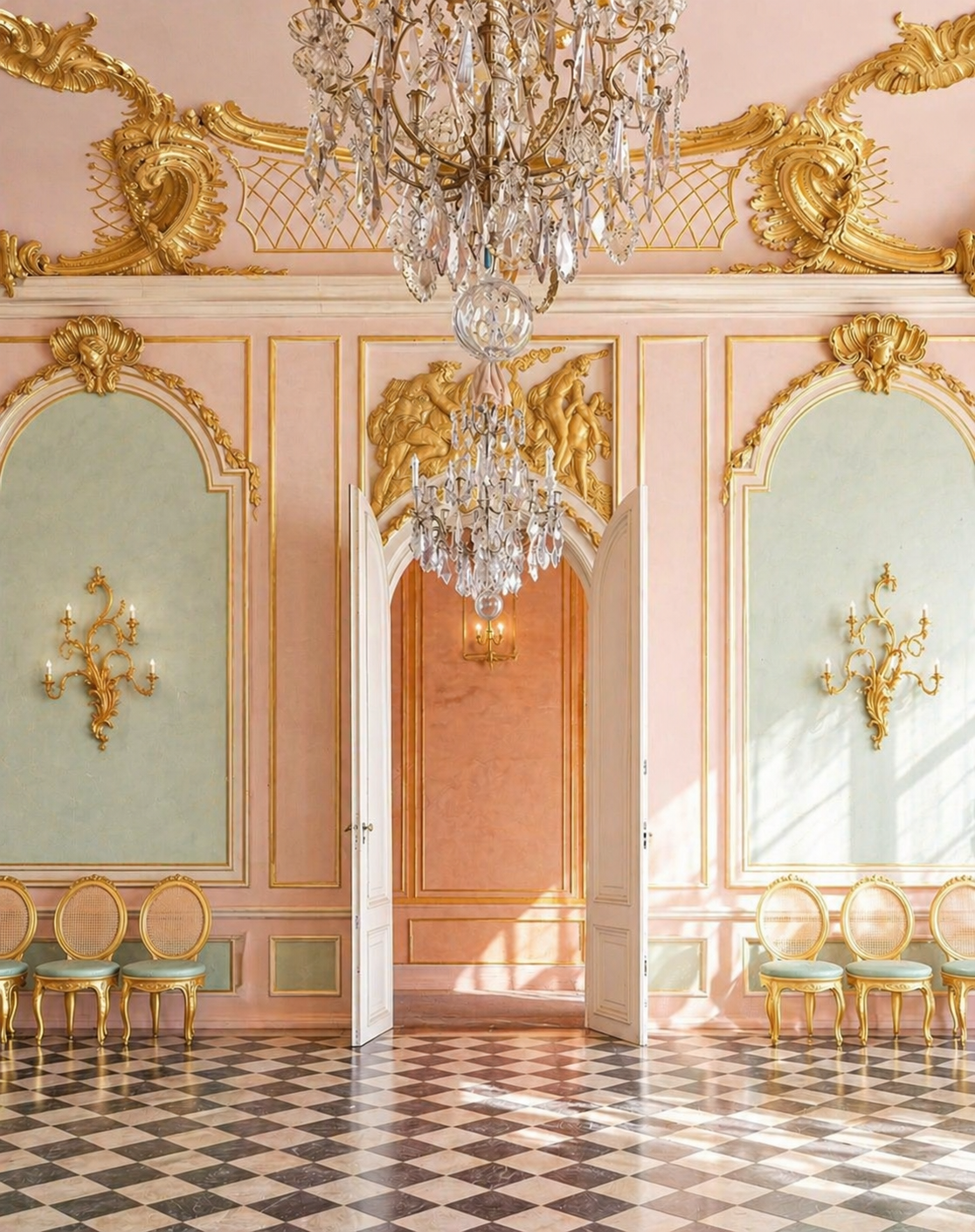 Luxurious interior with pink walls, gold decorations, and a chandelier.