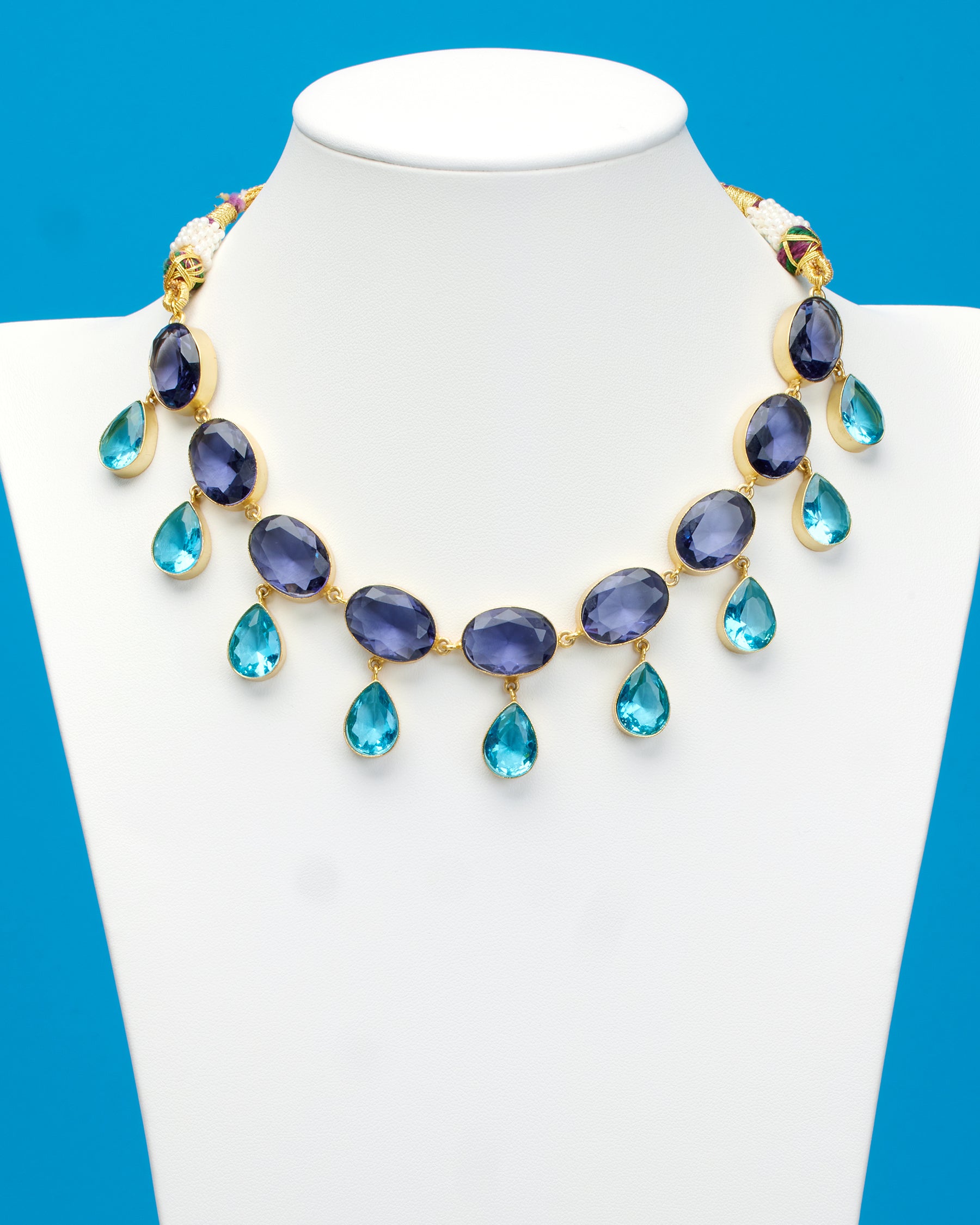 strapless open back dress Nicoblu Chiara Dewdrop Necklace in Amethyst Purple and Crystal Blue