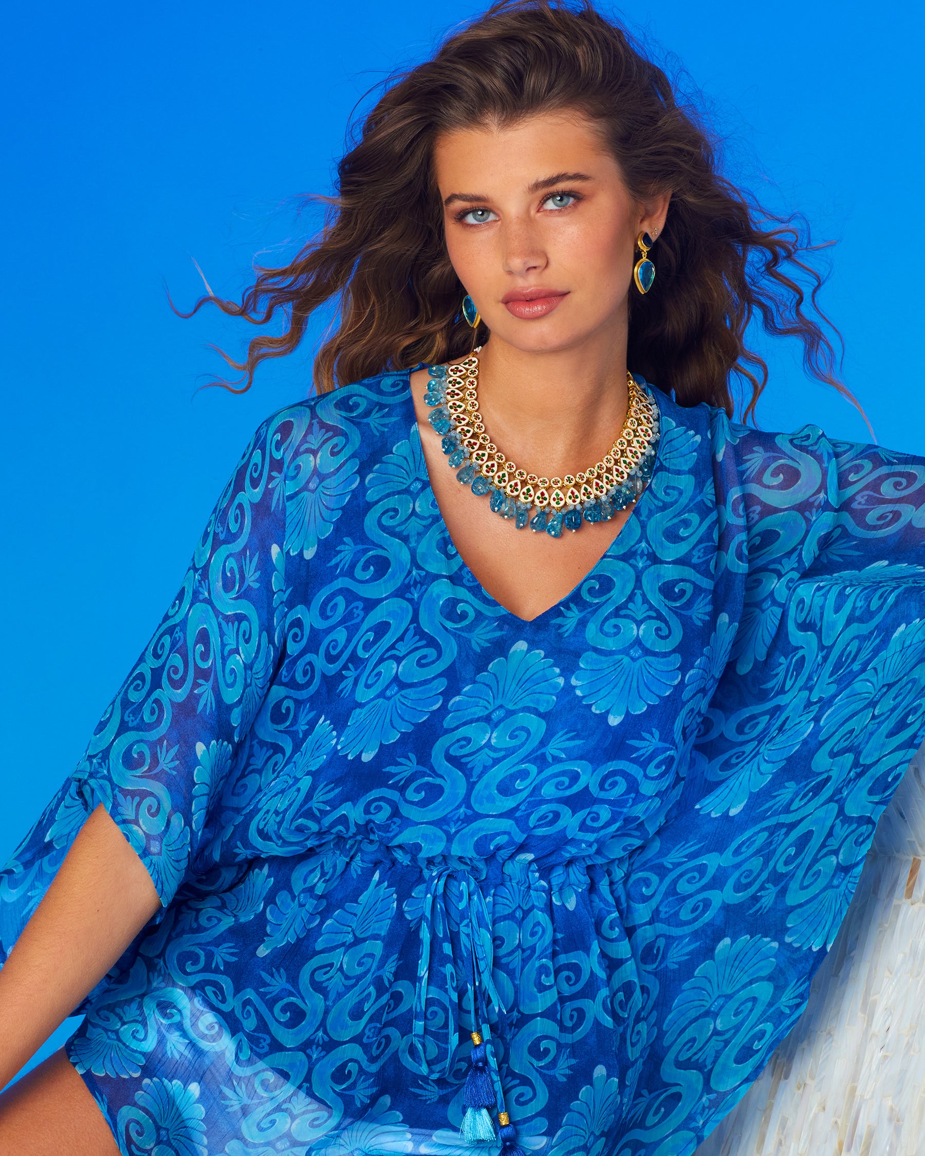 Thetis Poncho in Crinkle Chiffon in Grecian Swirl Print