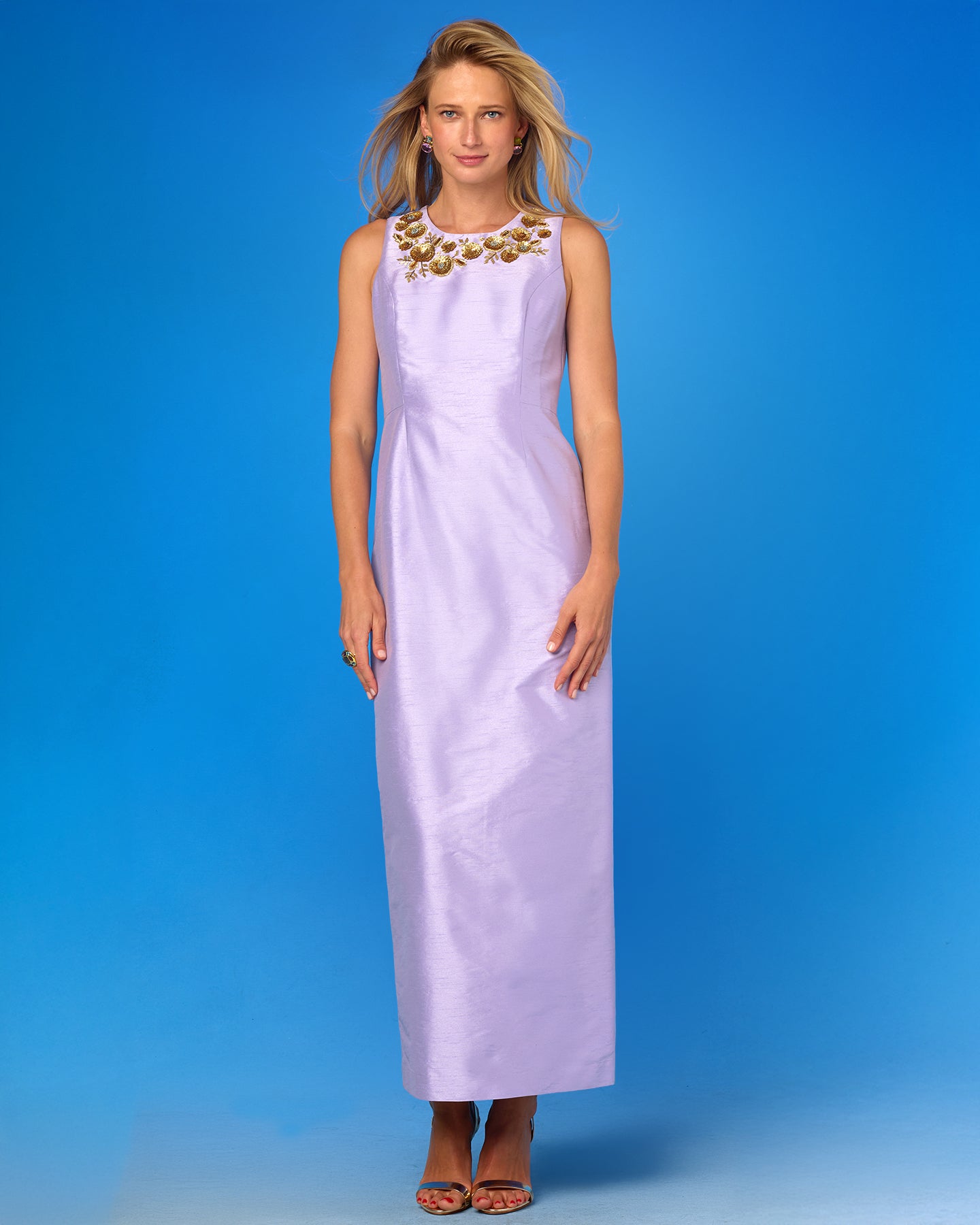 Clara Long Sheath Dress in Lavender and Gold Embellishment front full view