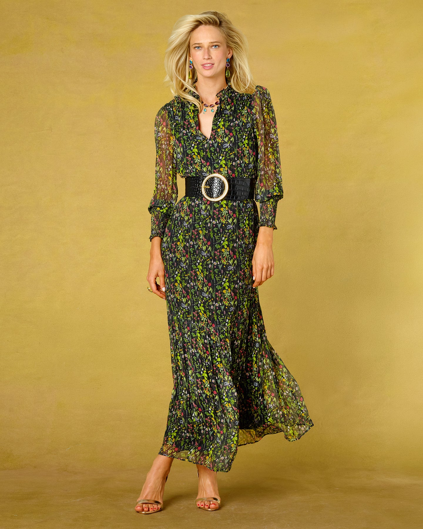The Tatum Wide Leather Belt in Croc-Embossed Black worn with the Colette Chiffon Dress in Twilight Meadow