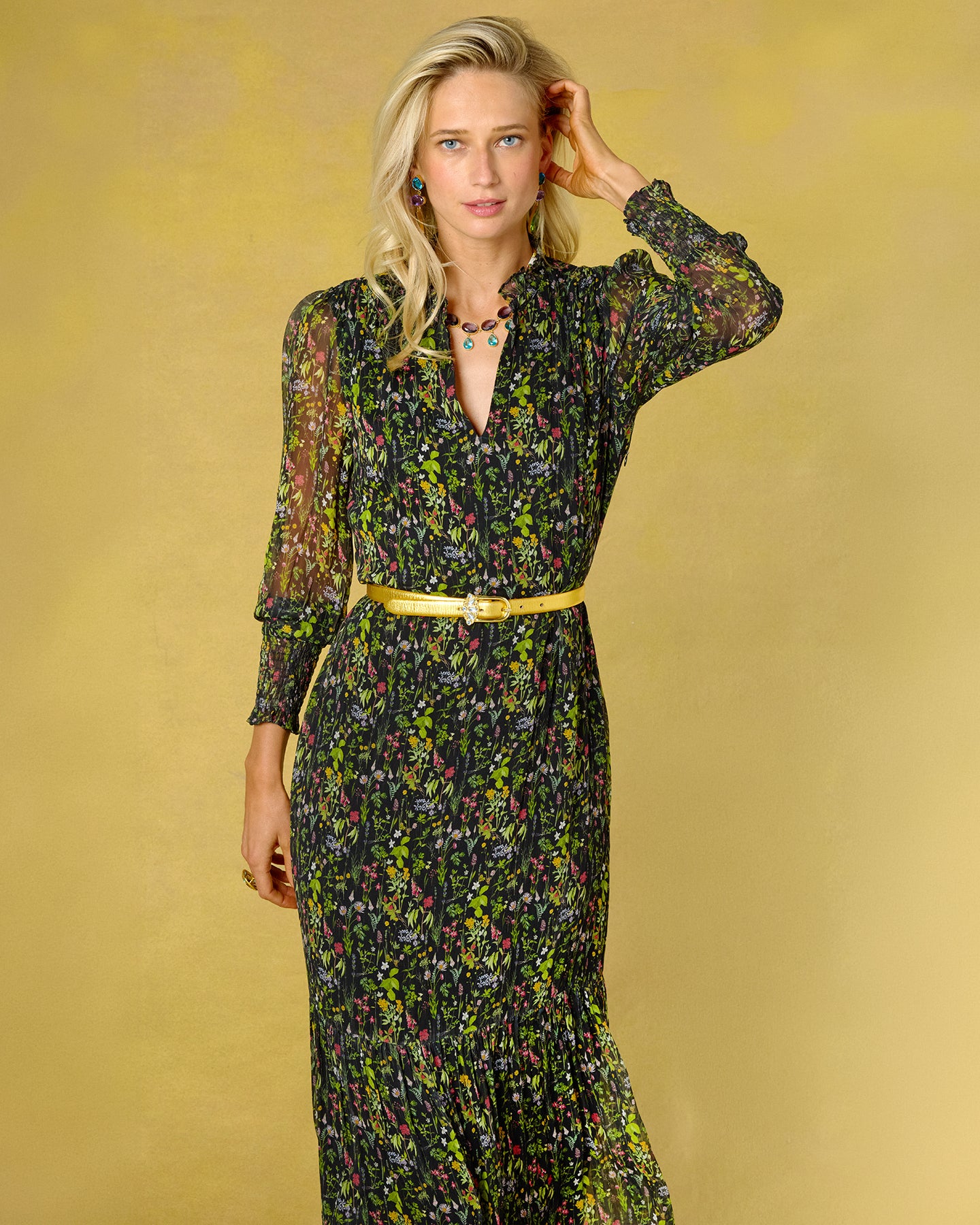 The Harlow Gold Leather Belt in Blue Gem Accents worn with the Colette Chiffon Dress in Twilight Meadow