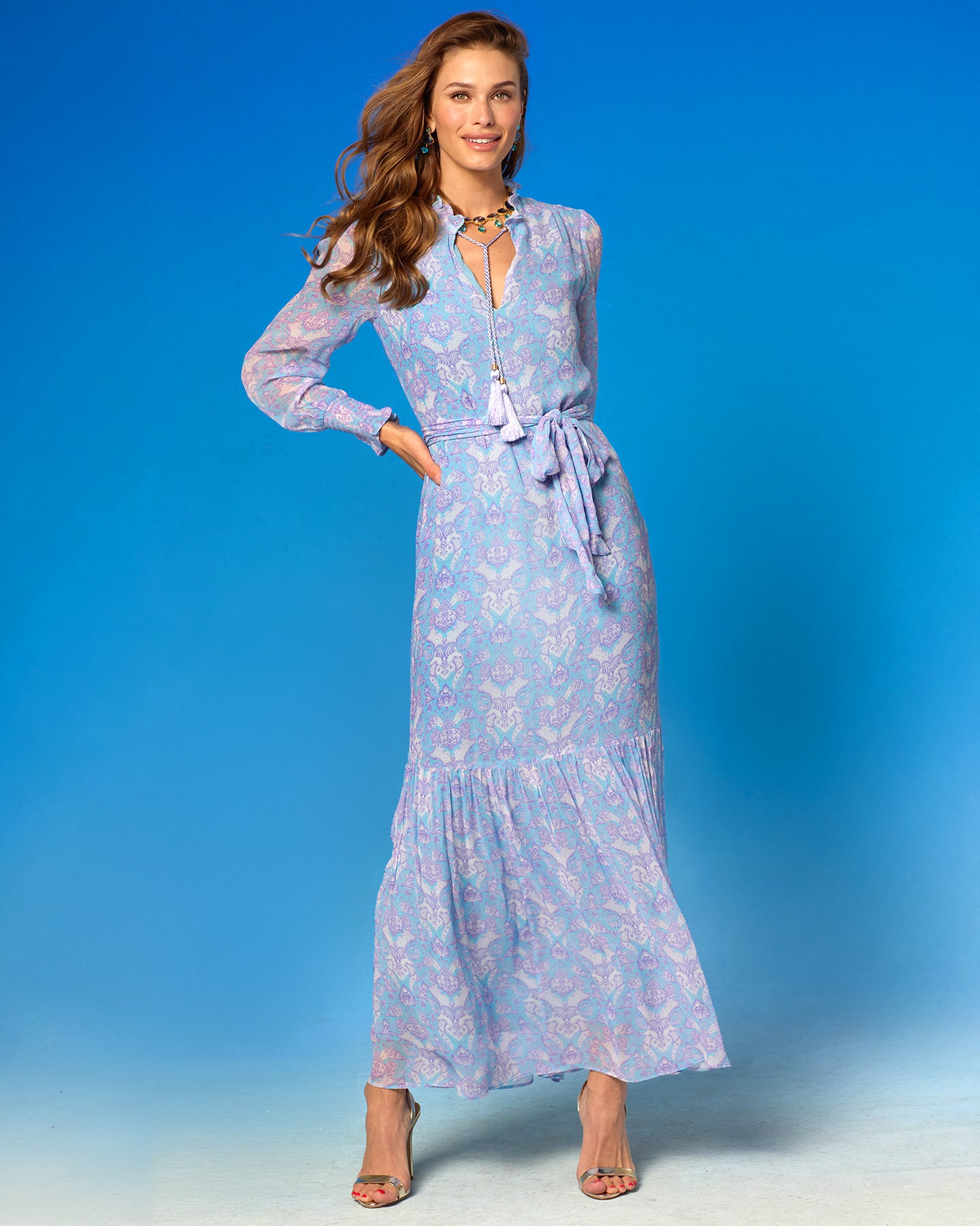 Colette Maxi Chiffon Dress in Shalimar Lavender on Robin Egg Blue hand on hip
