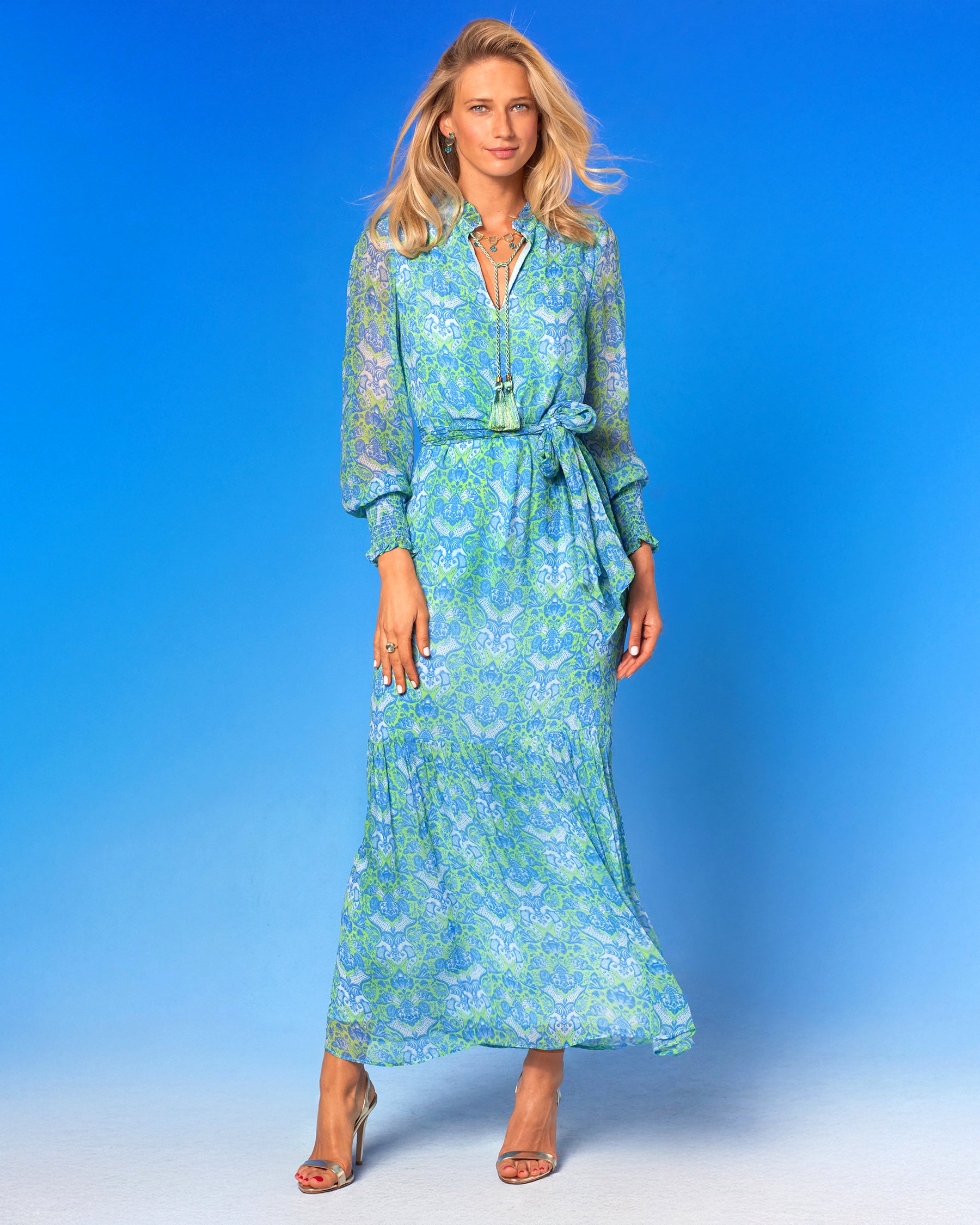 Colette Maxi Chiffon Dress in Shalimar Turquoise and Green