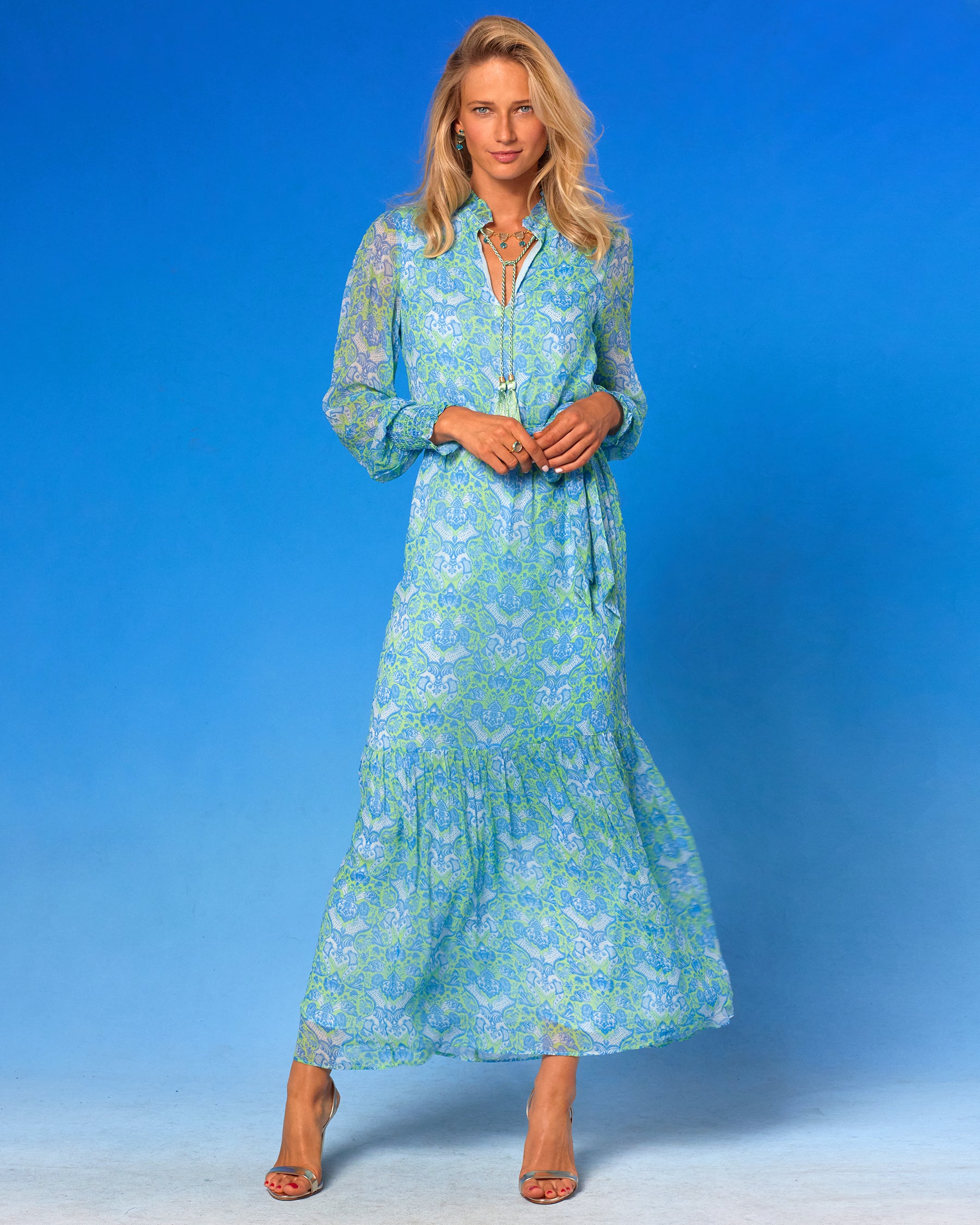 Colette Maxi Chiffon Dress in Shalimar Turquoise and Green