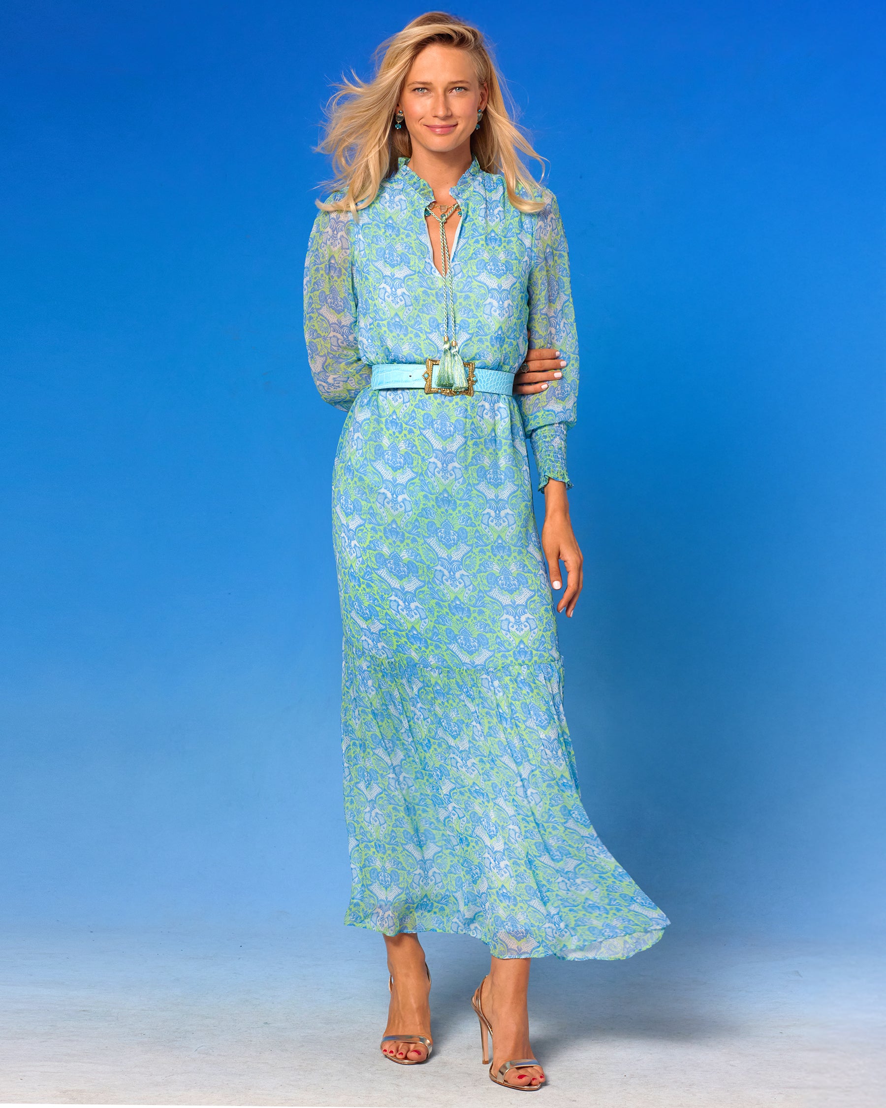 Colette Maxi Chiffon Dress in Shalimar Turquoise and Green