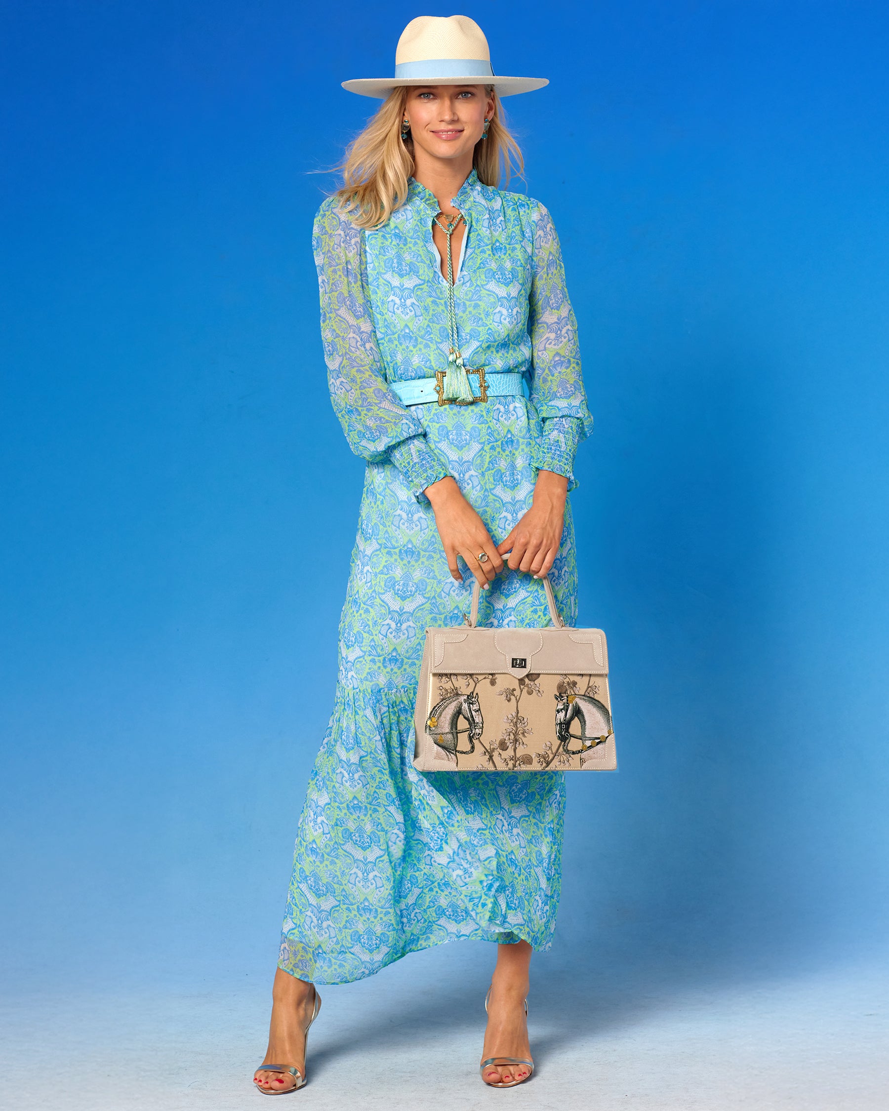 Colette Maxi Chiffon Dress in Shalimar Turquoise and Green