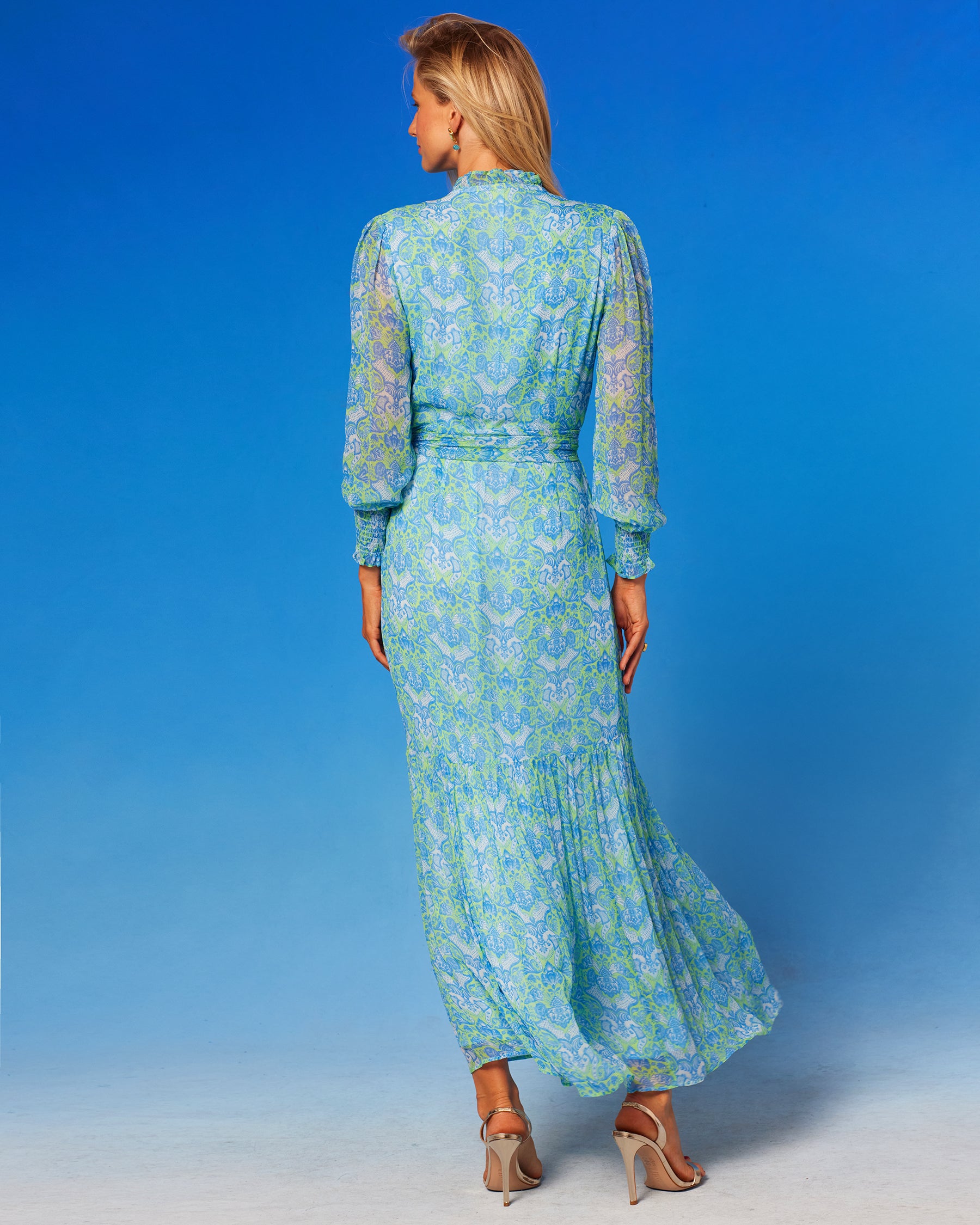 Colette Maxi Chiffon Dress in Shalimar Turquoise and Green back view