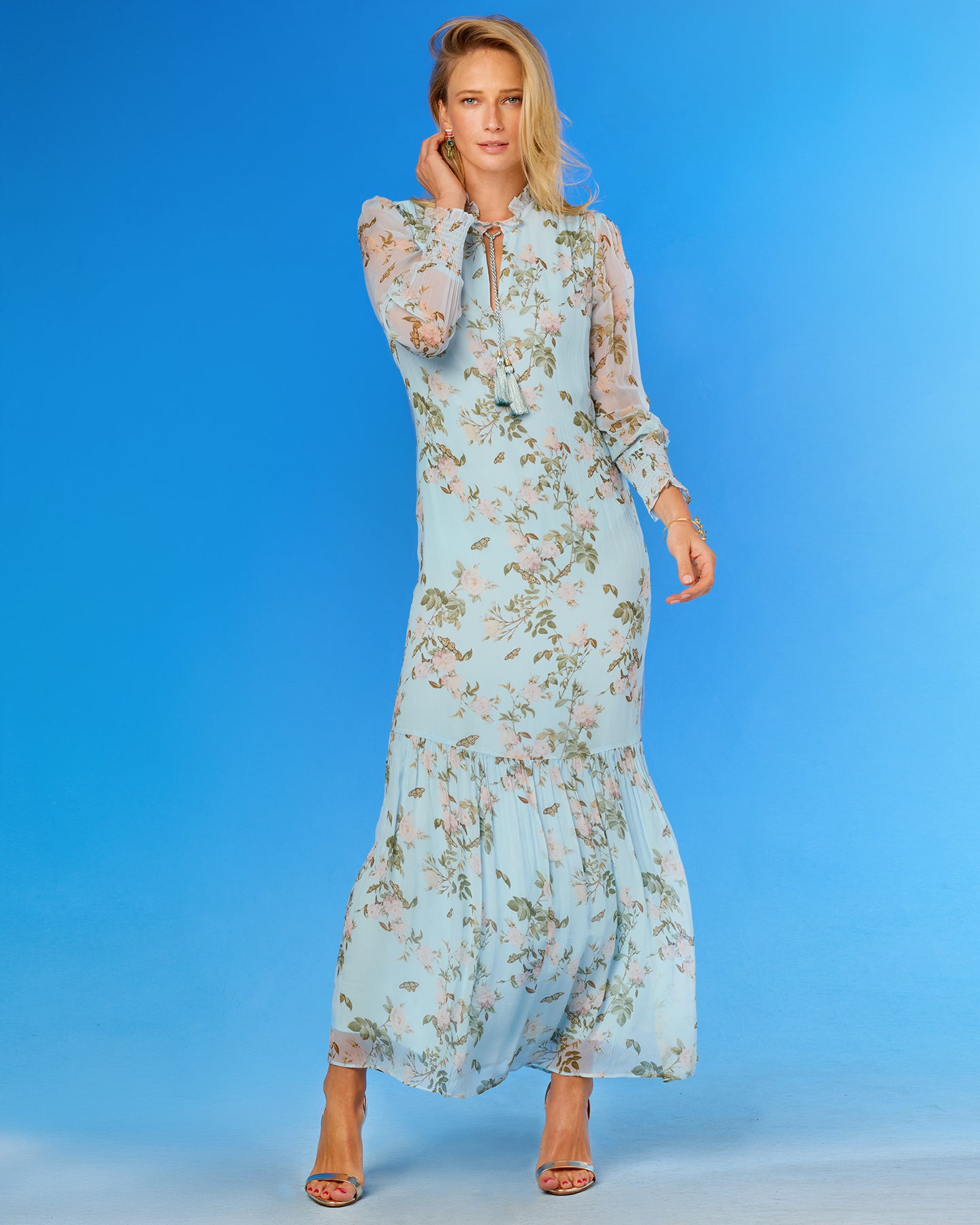 Colette Maxi Chiffon Dress in Porcelain Sky English Garden without a belt