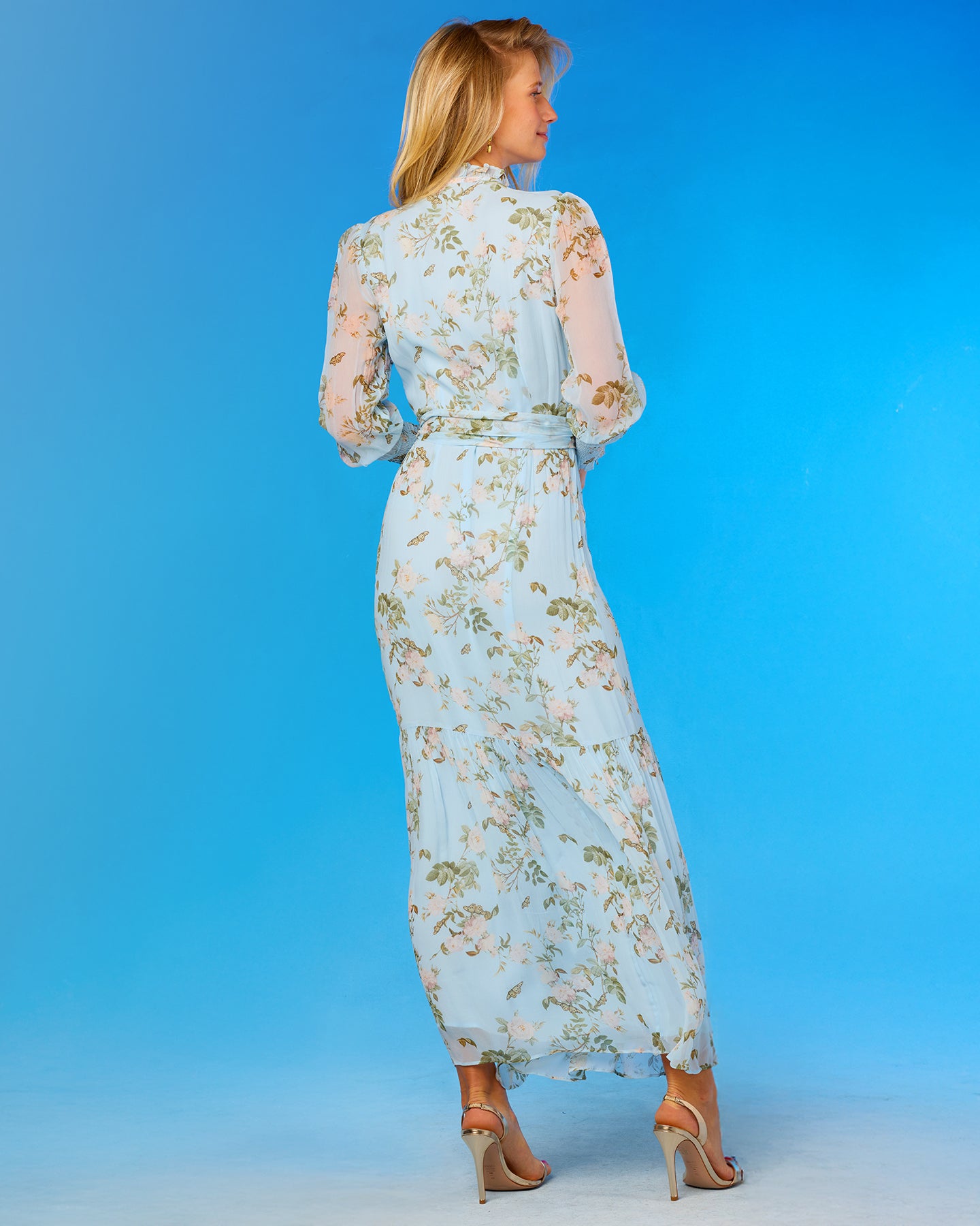 Colette Maxi Chiffon Dress in Porcelain Sky English Garden back view