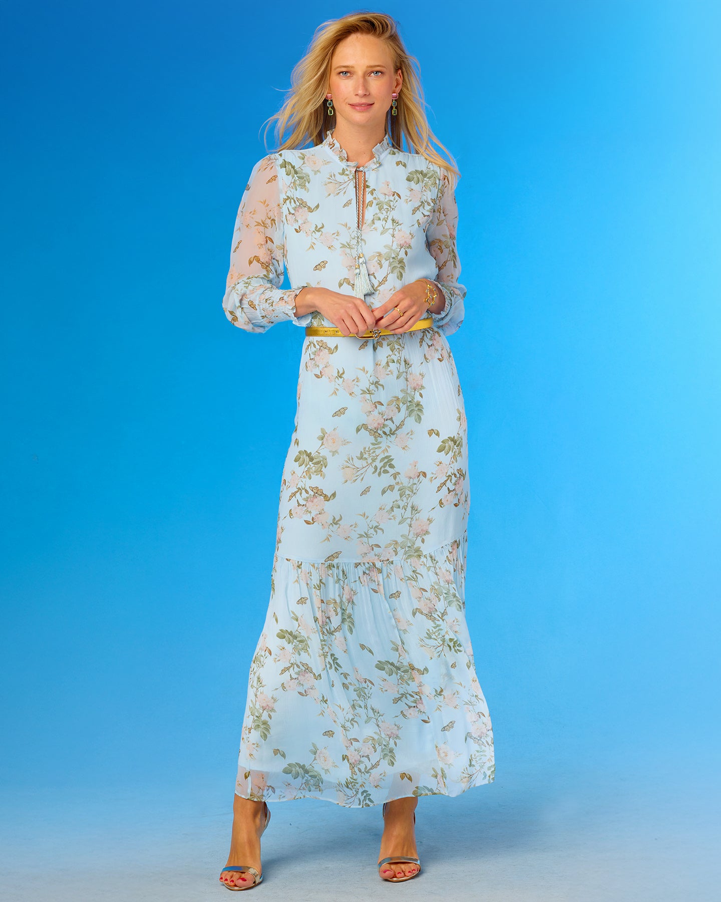 Colette Maxi Chiffon Dress in Porcelain Sky English Garden full view with hands up near waist
