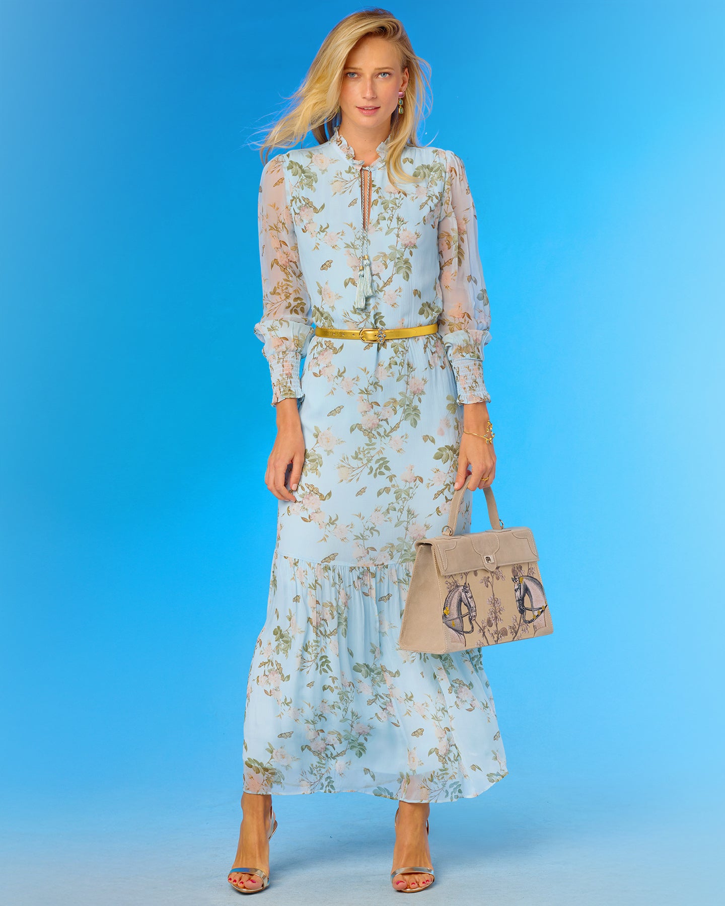 Colette Maxi Chiffon Dress in Porcelain Sky English Garden worn with the Marquise Paris equestrian handbag