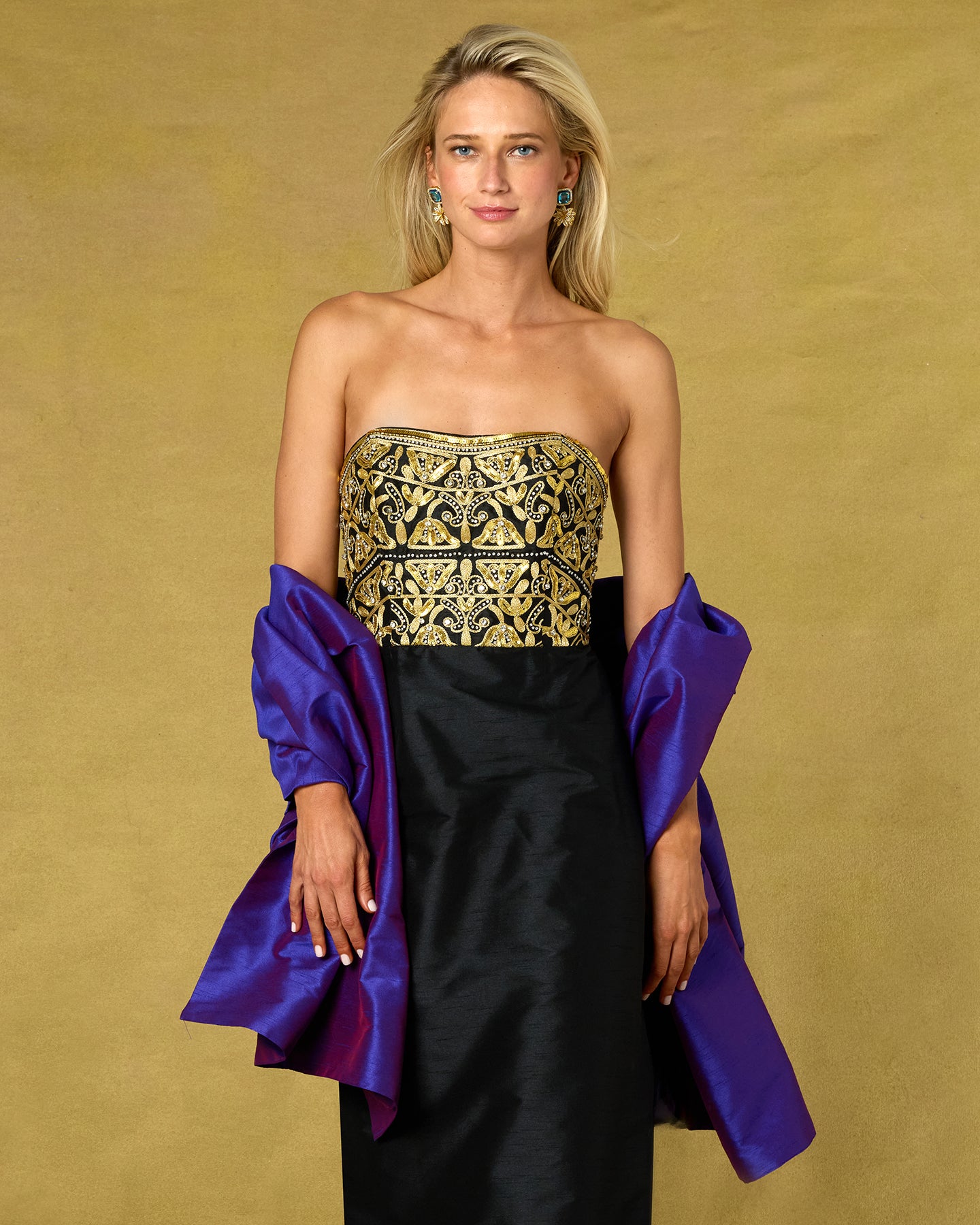The Valentina Shawl in Orchid Purple worn with the Cornelia Black Strapless Gown with Gold Embellished Bodice