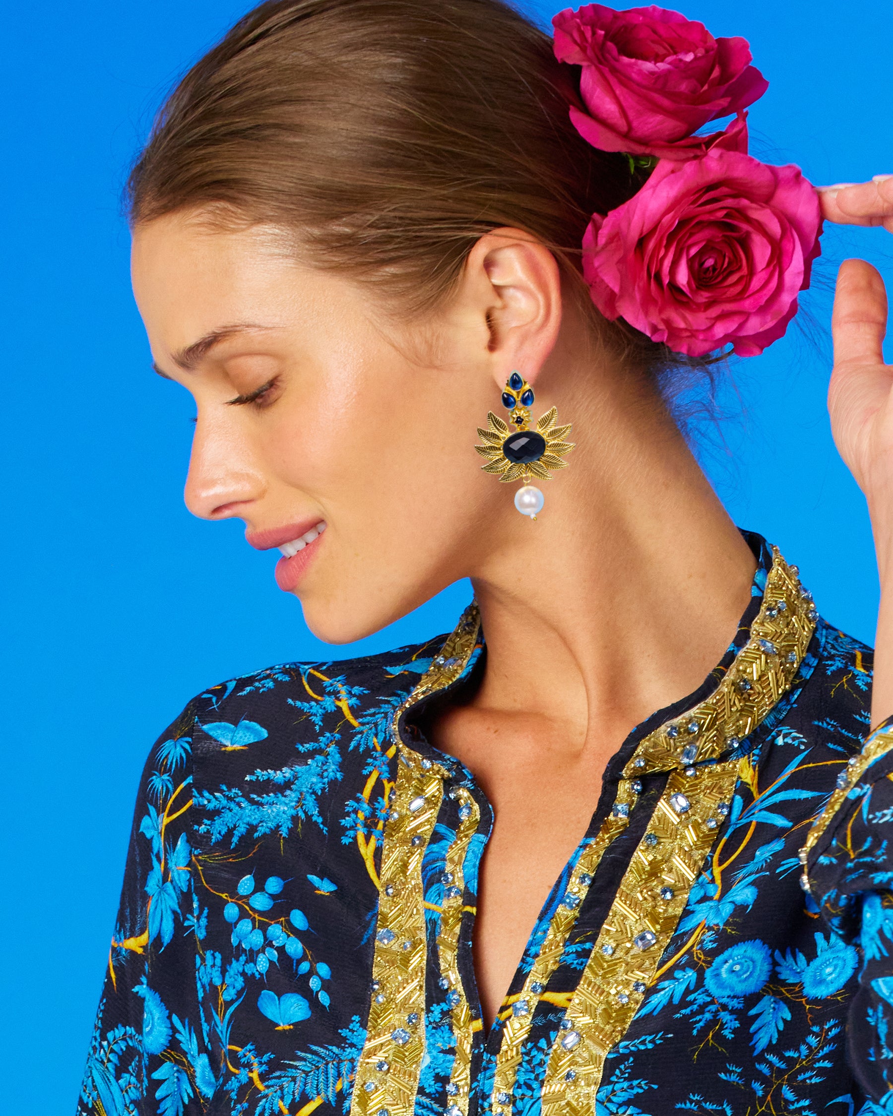 Dominique Statement Deep Blue Jewel Earrings worn with the Darcy Tunic