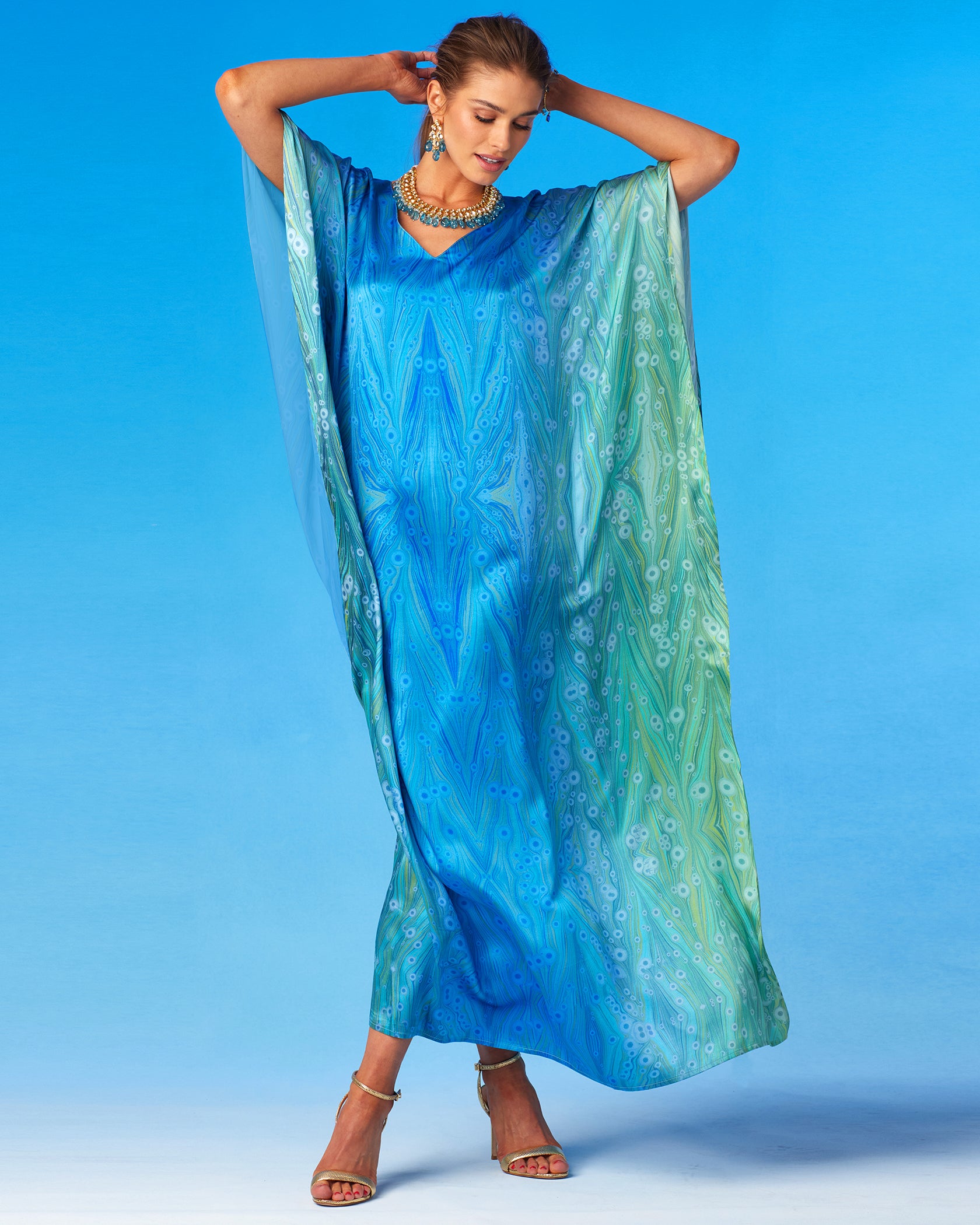 Delfina Silk Kaftan in Sea Nymph Blues-Arms Up