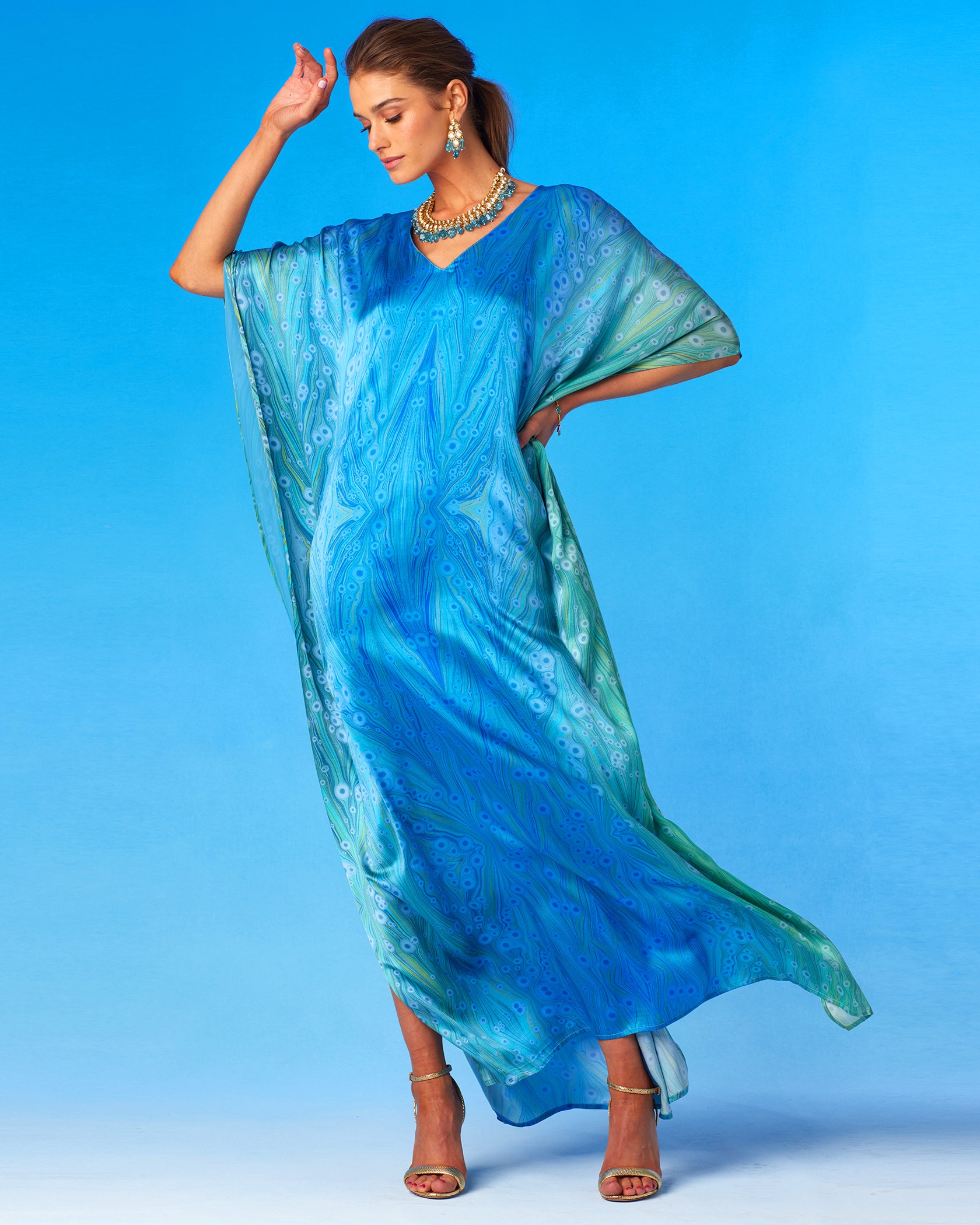 Delfina Silk Kaftan in Sea Nymph Blues-Alternate Front View
