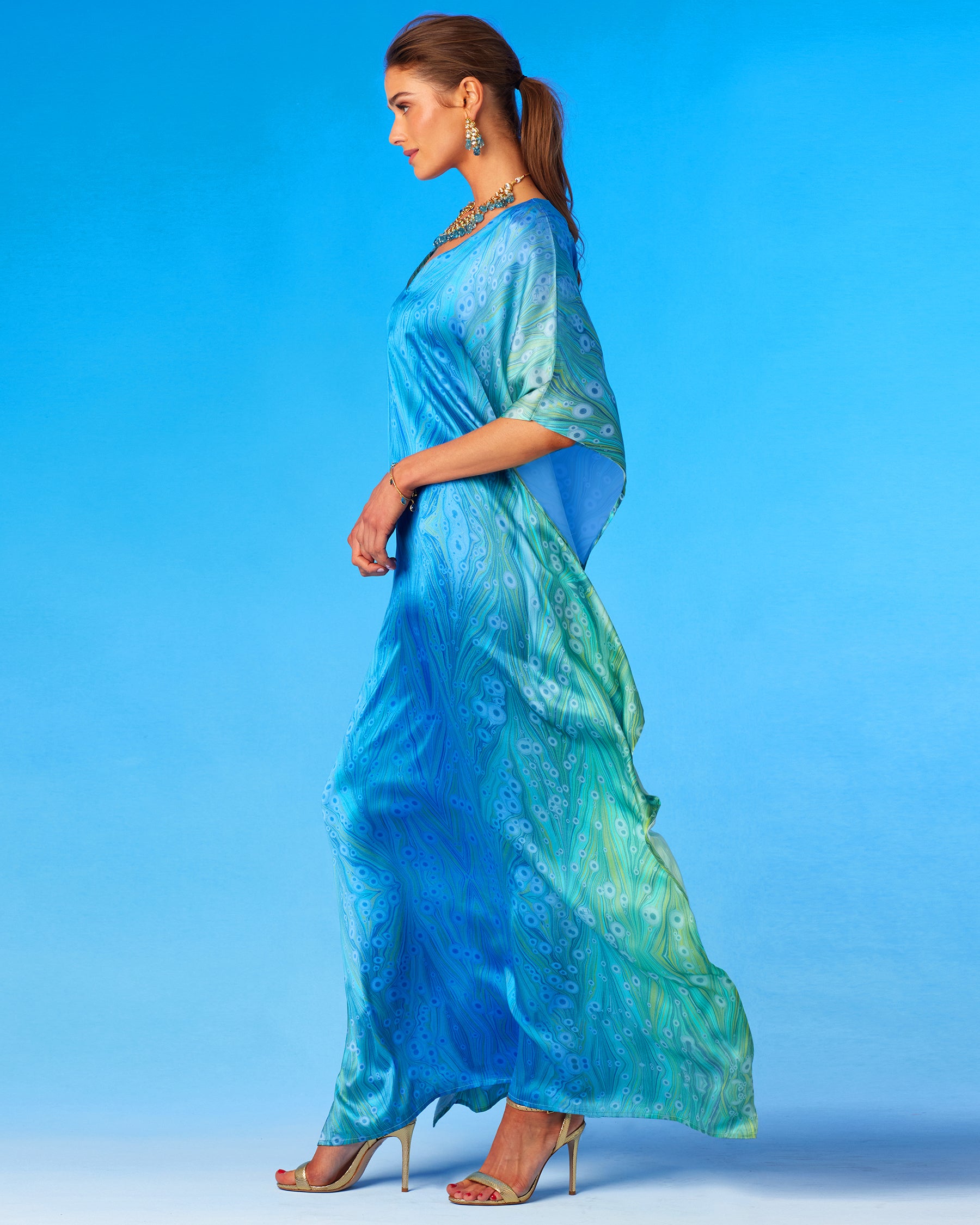 Delfina Silk Kaftan in Sea Nymph Blues-Side View