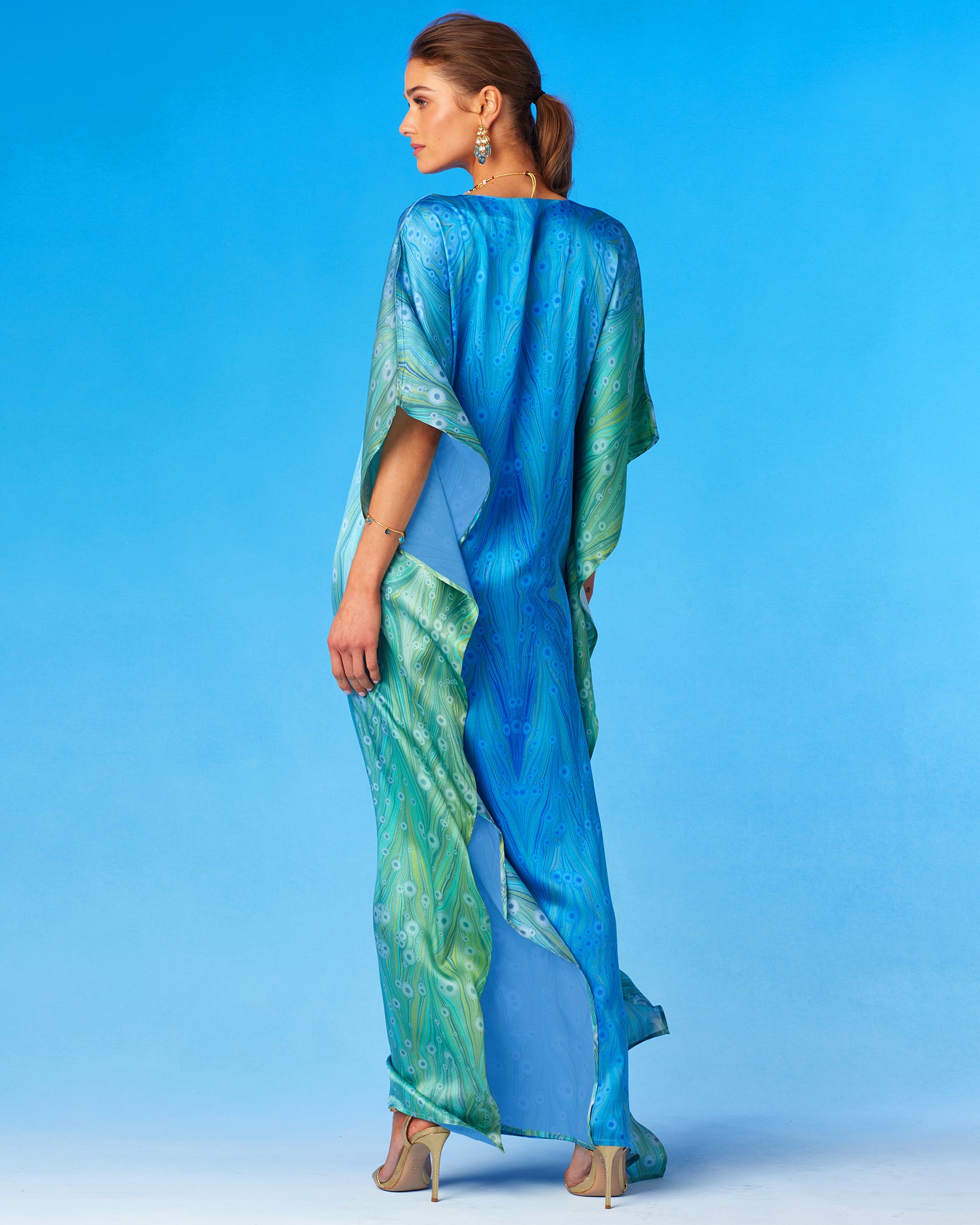 Delfina Silk Kaftan in Sea Nymph Blues-Back View