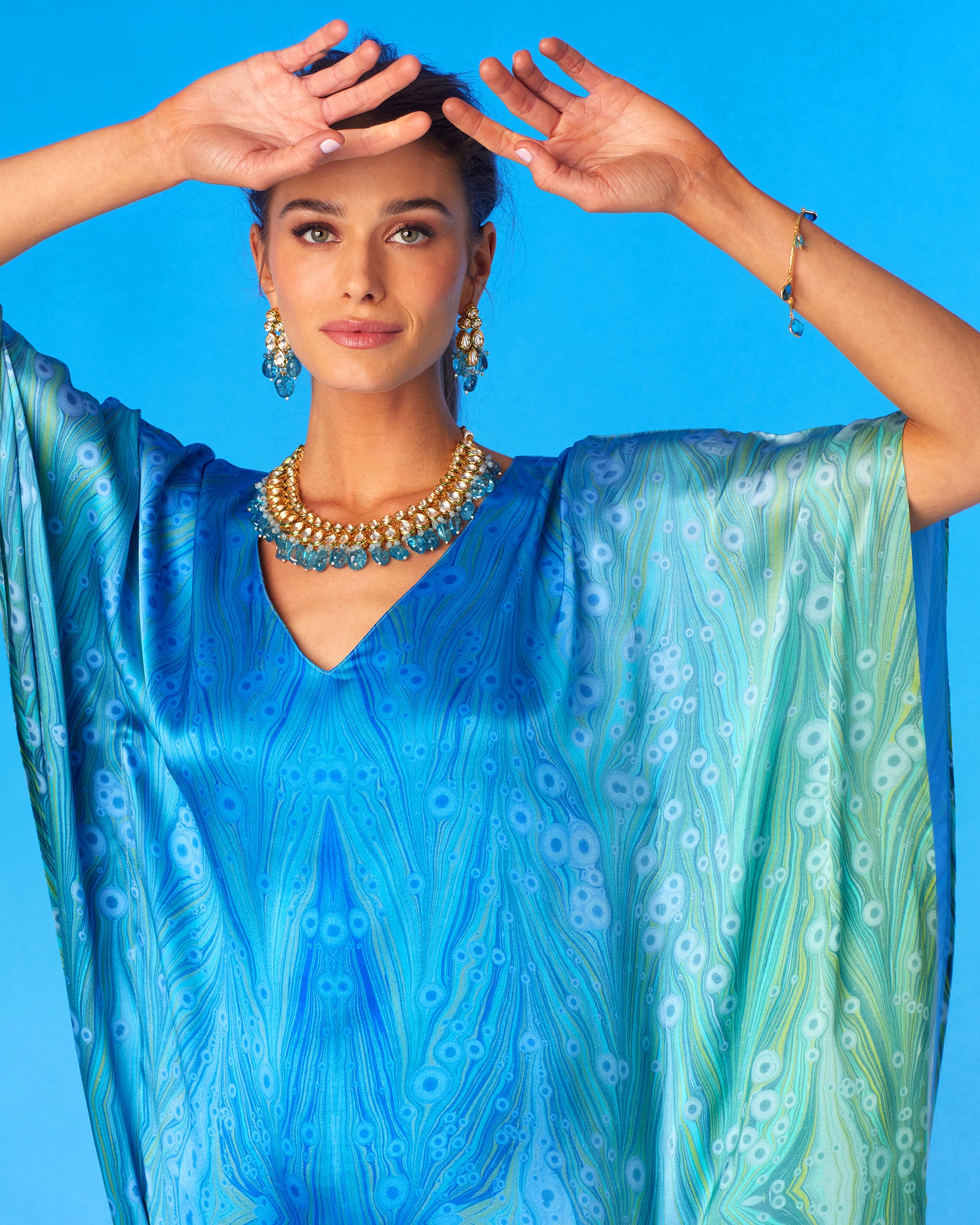 Delfina Silk Kaftan in Sea Nymph Blues-Closeup