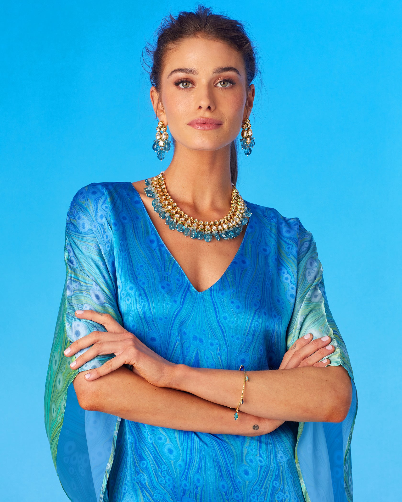 Delfina Silk Kaftan in Sea Nymph Blues-Portrait