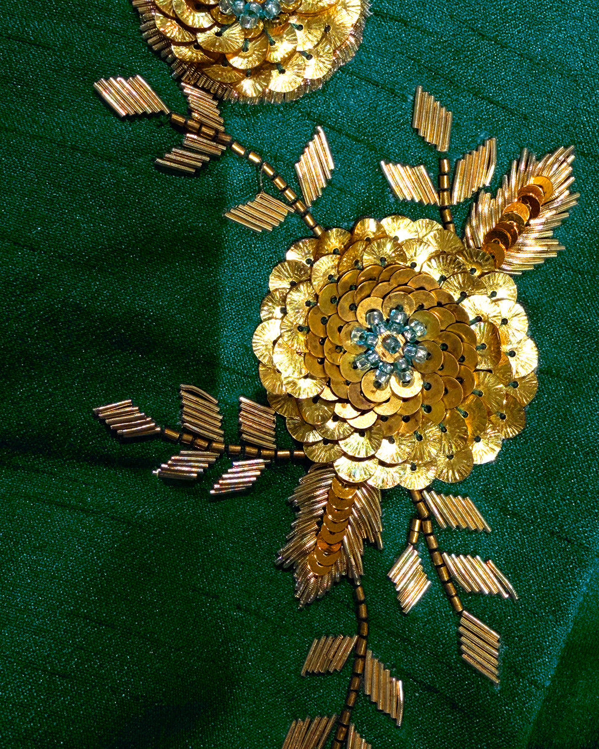 Isabella Cap-Sleeve Gown in Emerald Green detail closeup