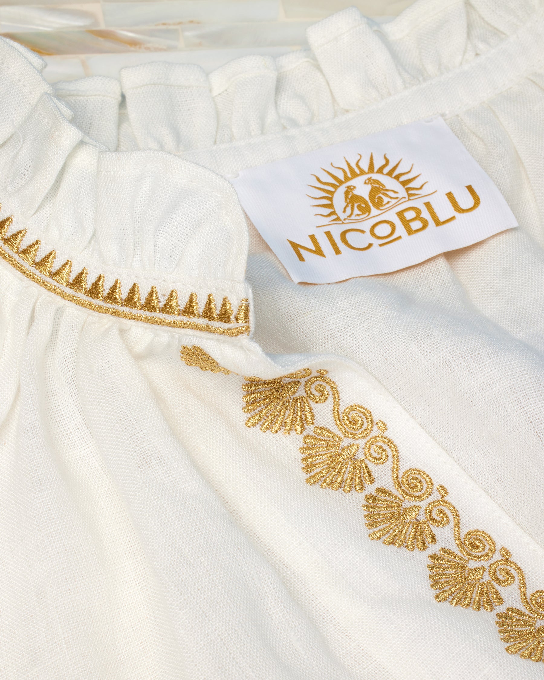 Mykonos Peasant Blouse in Soft White Linen-Detail of Gold Embroidery