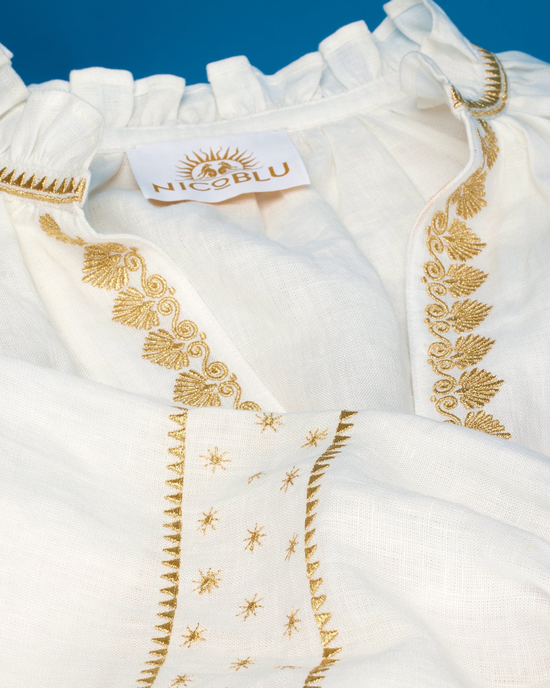 Mykonos Peasant Blouse in Soft White Linen-Detail of Gold Embroidery