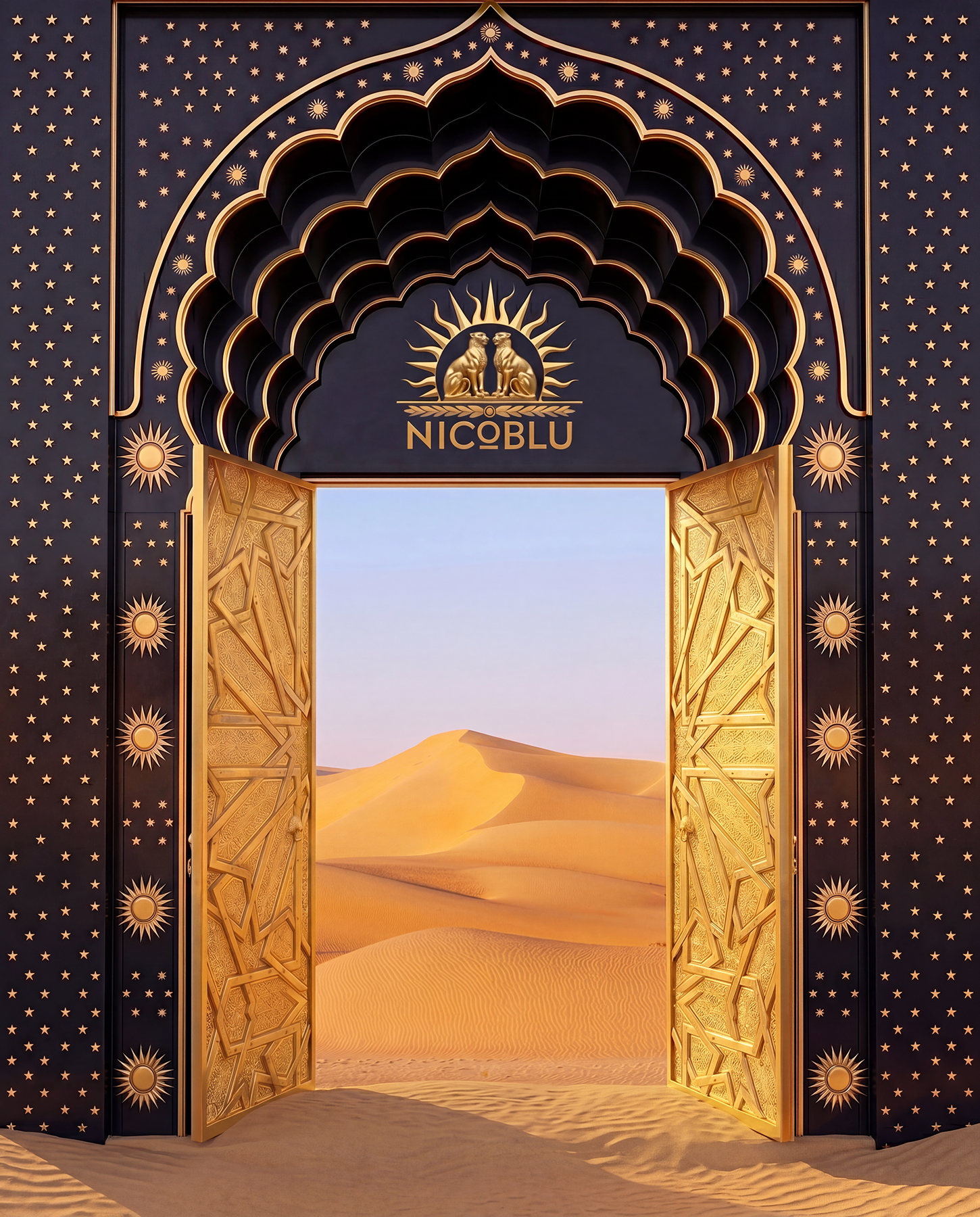 A black and gold doorway looking out into the Sahara desert.