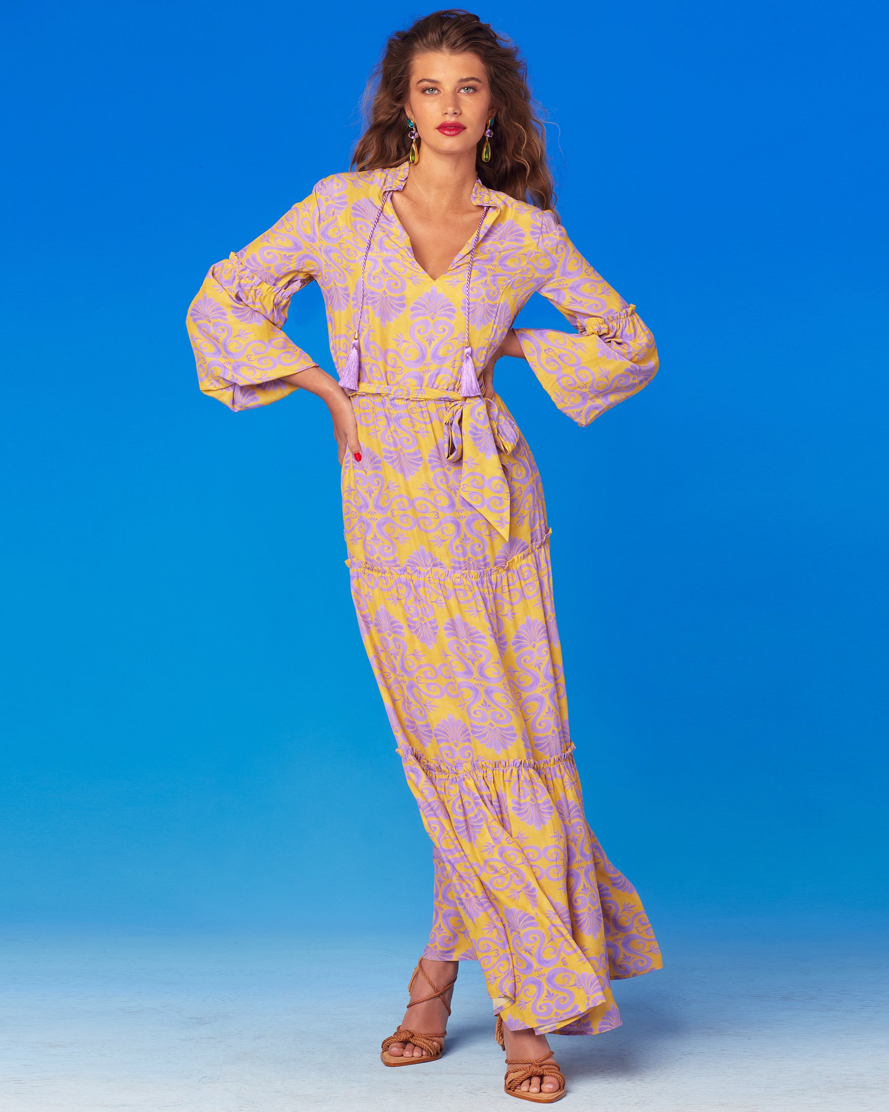 Sabina Maxi Dress in Mediterranean Swirl Motif-Hands on hips