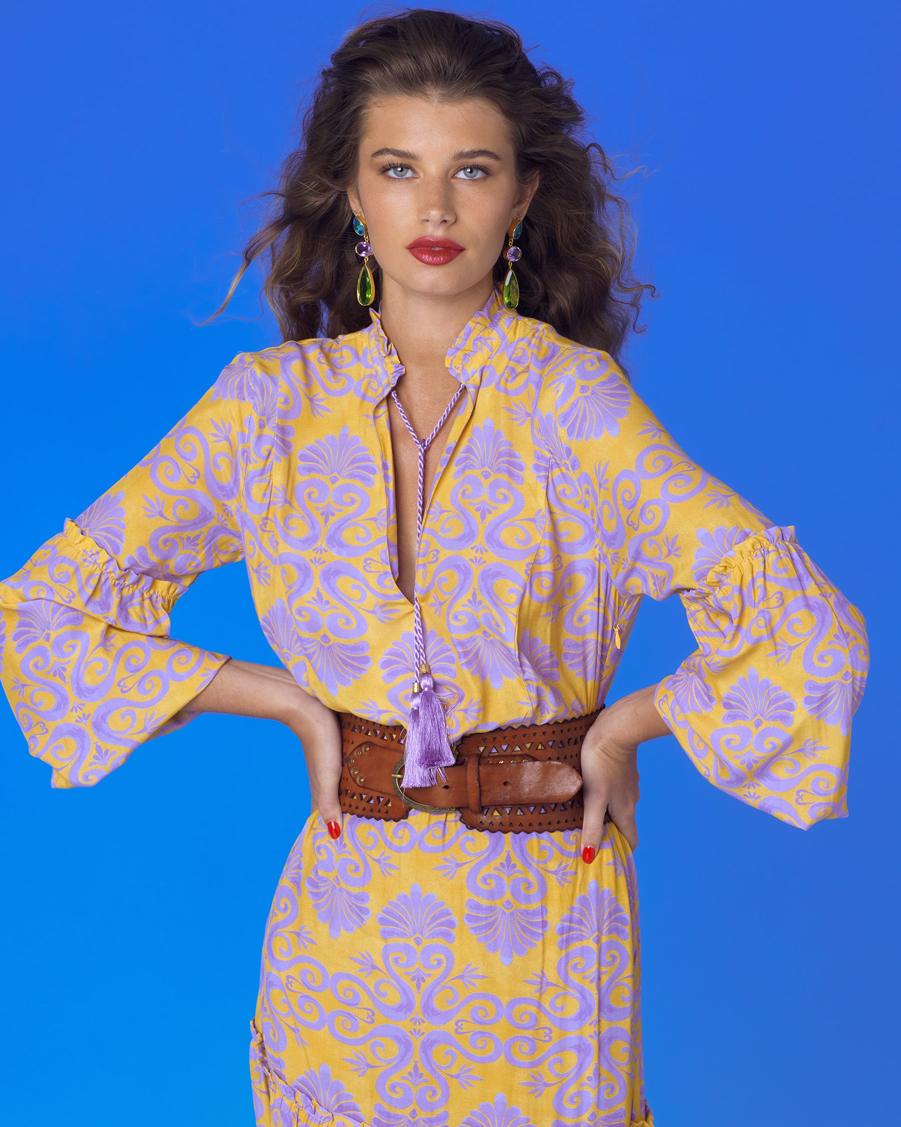 Sabina Maxi Dress in Mediterranean Swirl Motif=Portrait with hands on hips