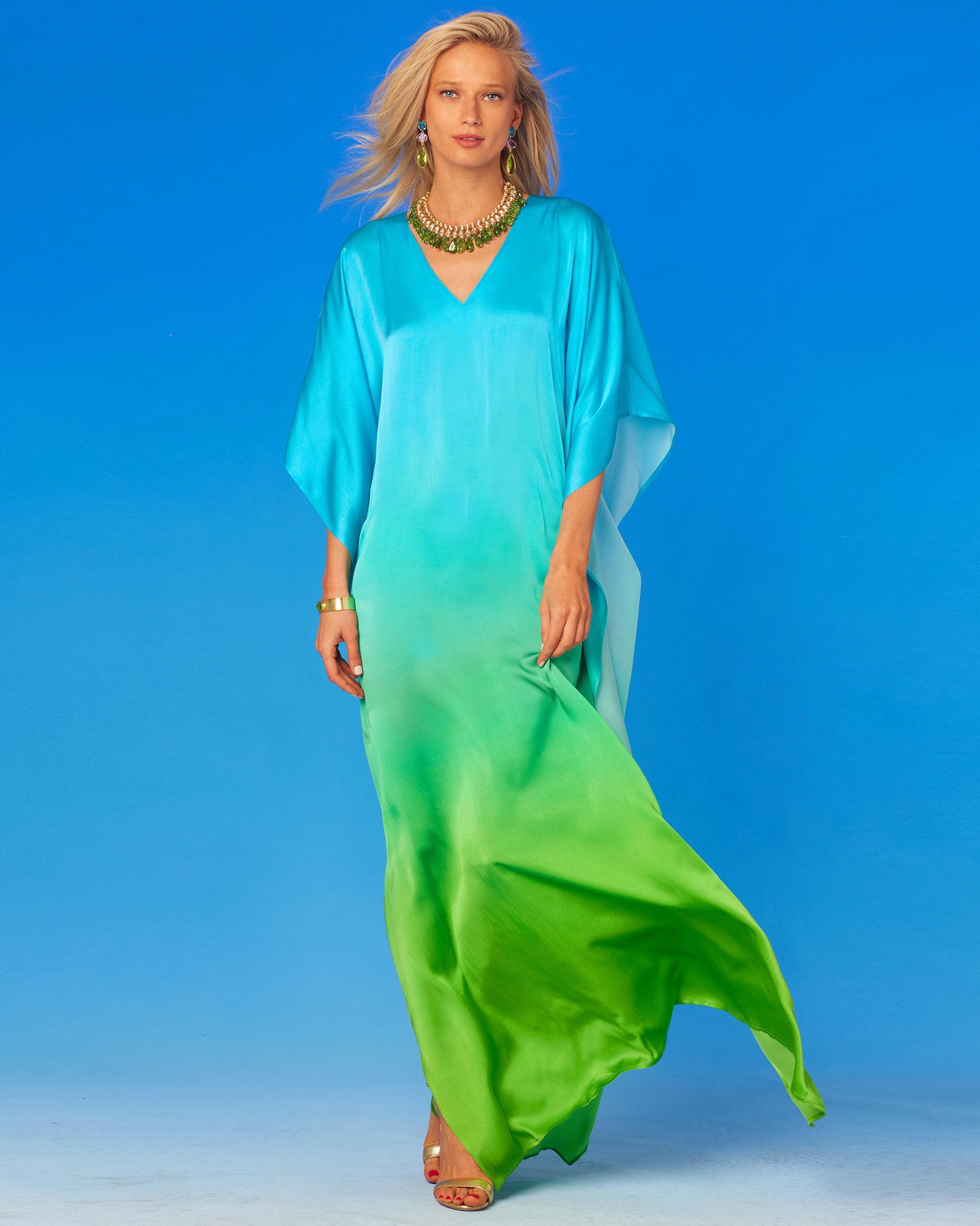 Electra Silk Kaftan in Turquoise to Lime Green Ombre-Front View