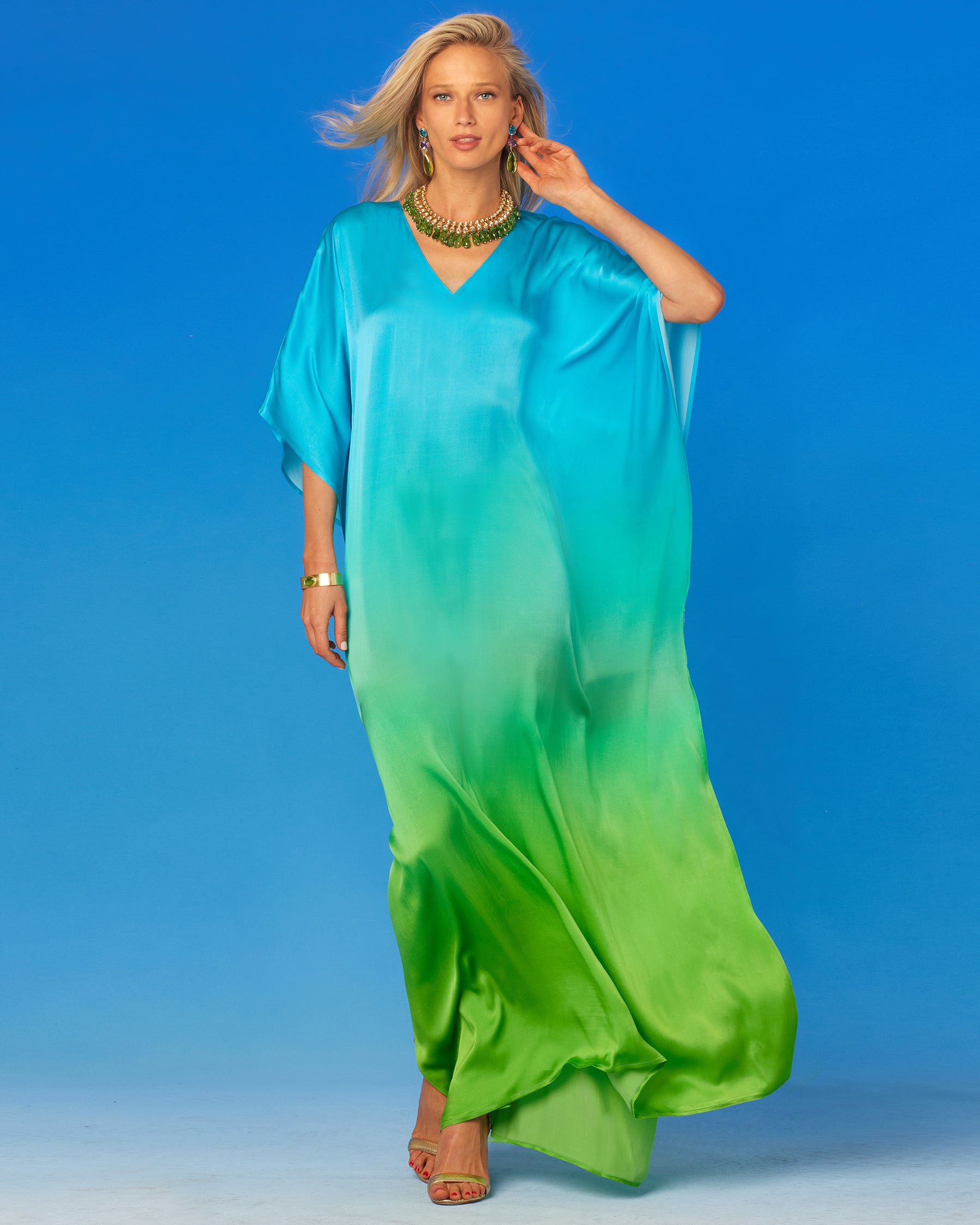 Electra Silk Kaftan in Turquoise to Lime Green Ombre-With Wind Blowing
